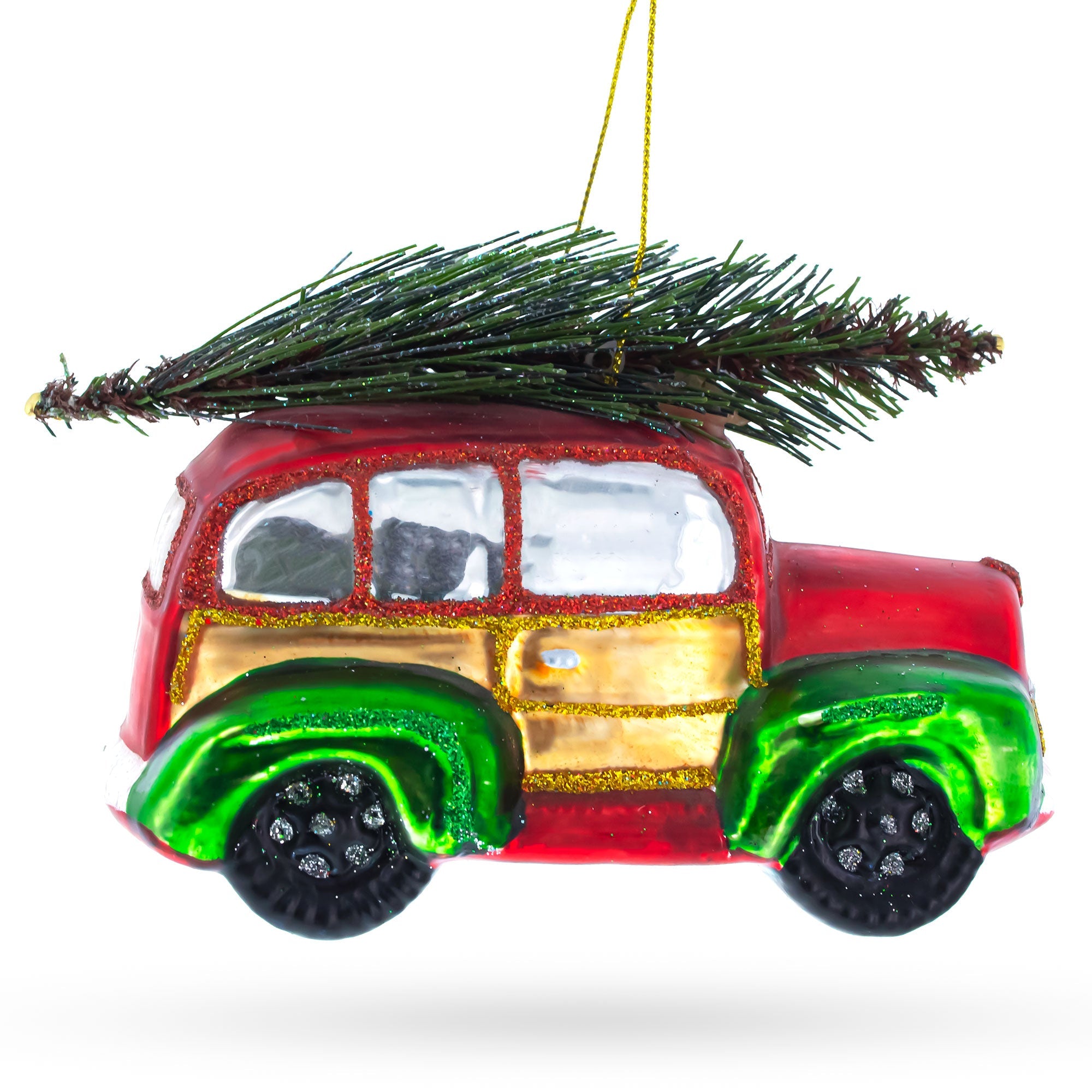 Car Carrying Tree Glass Christmas Ornament