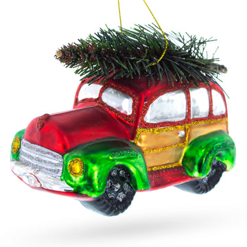 Car Carrying Tree Glass Christmas Ornament