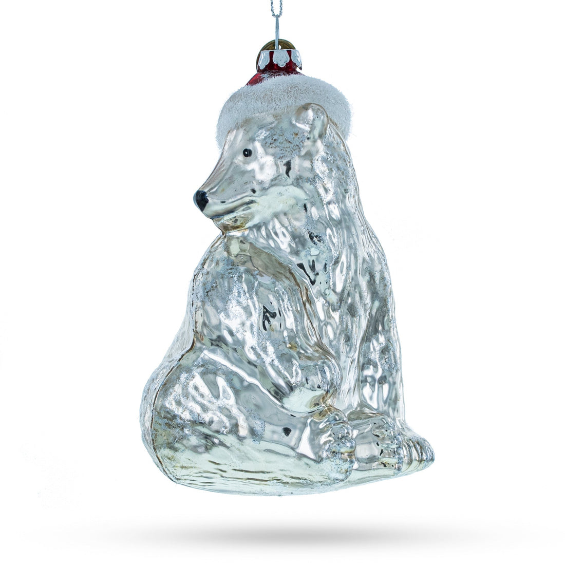 Polar Bear in Santa Hat Glass Christmas Ornament