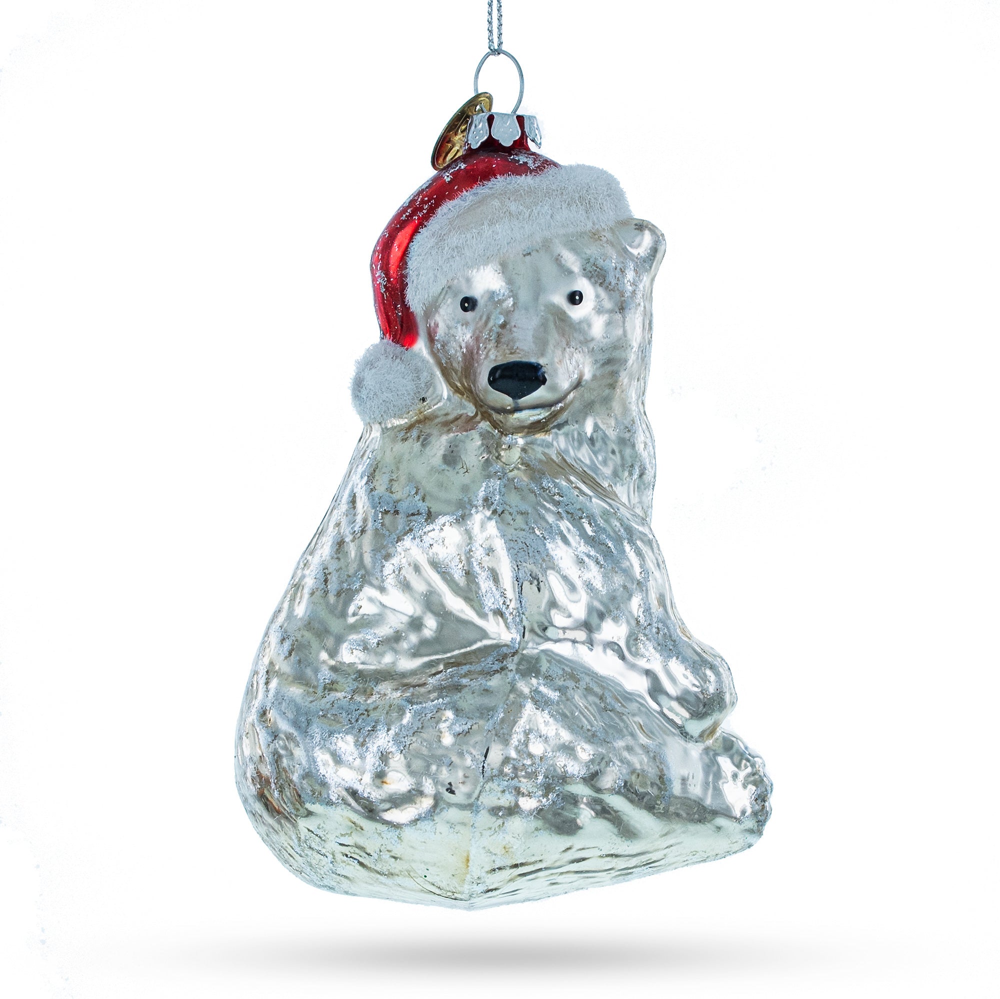 Polar Bear in Santa Hat Glass Christmas Ornament