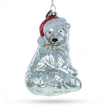 Polar Bear in Santa Hat Glass Christmas Ornament