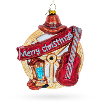 Western Ensemble with Guitar, Cowboy Boots Glass Christmas Ornament