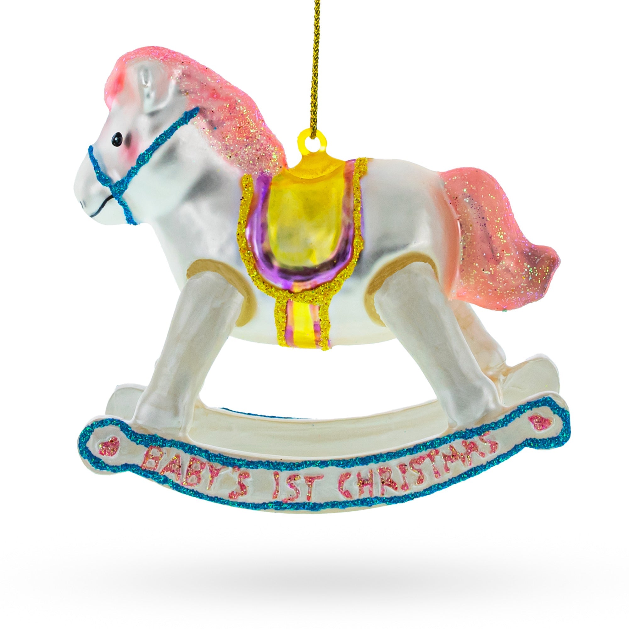 Vintage Pink and White Rocking Horse Glass Christmas Ornament