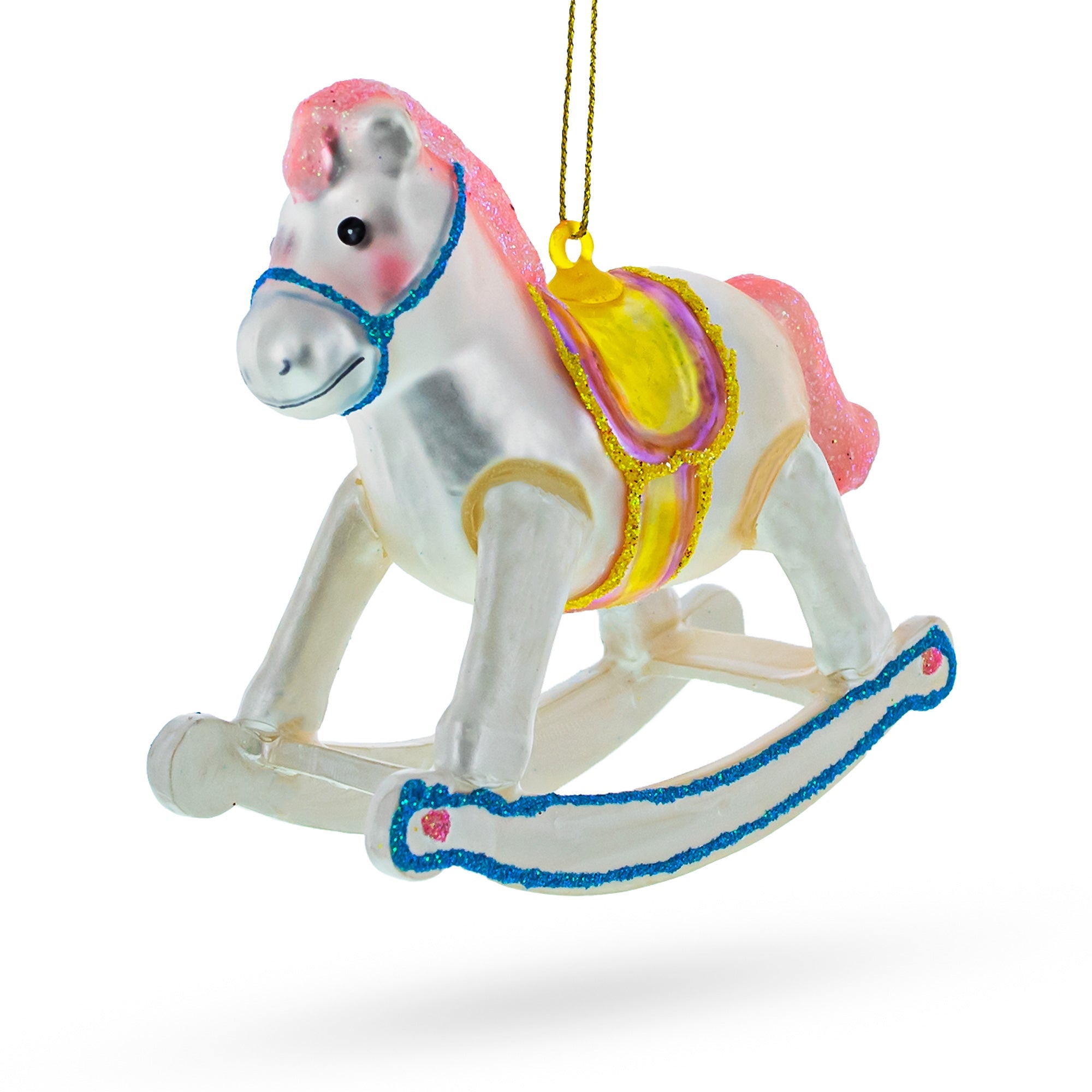 Vintage Pink and White Rocking Horse Glass Christmas Ornament