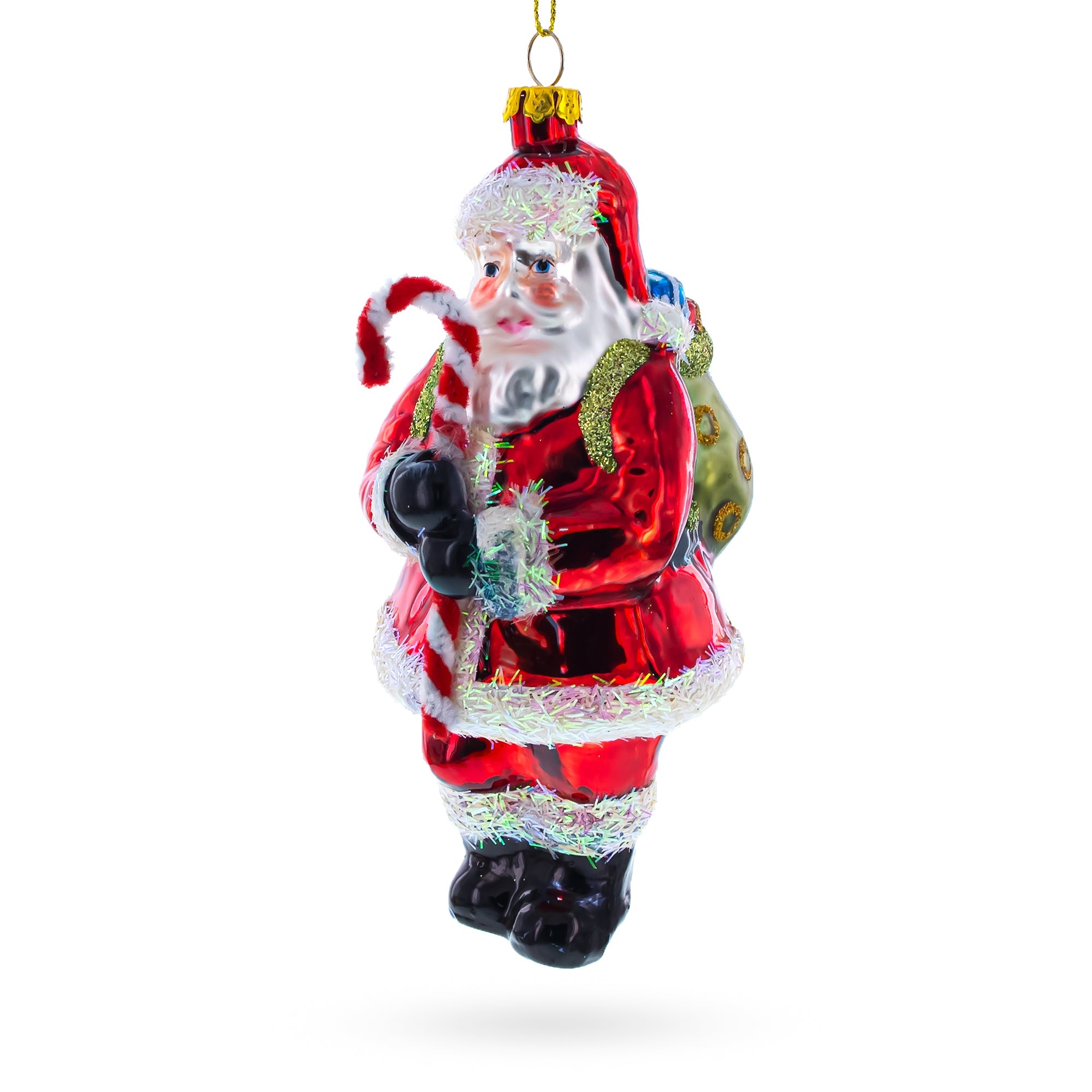 Classic Santa Holding a Candy Cane Glass Christmas Ornament