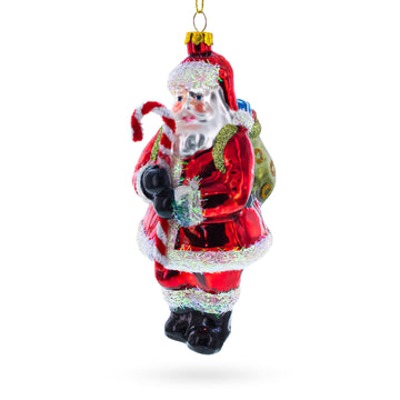 Classic Santa Holding a Candy Cane Glass Christmas Ornament