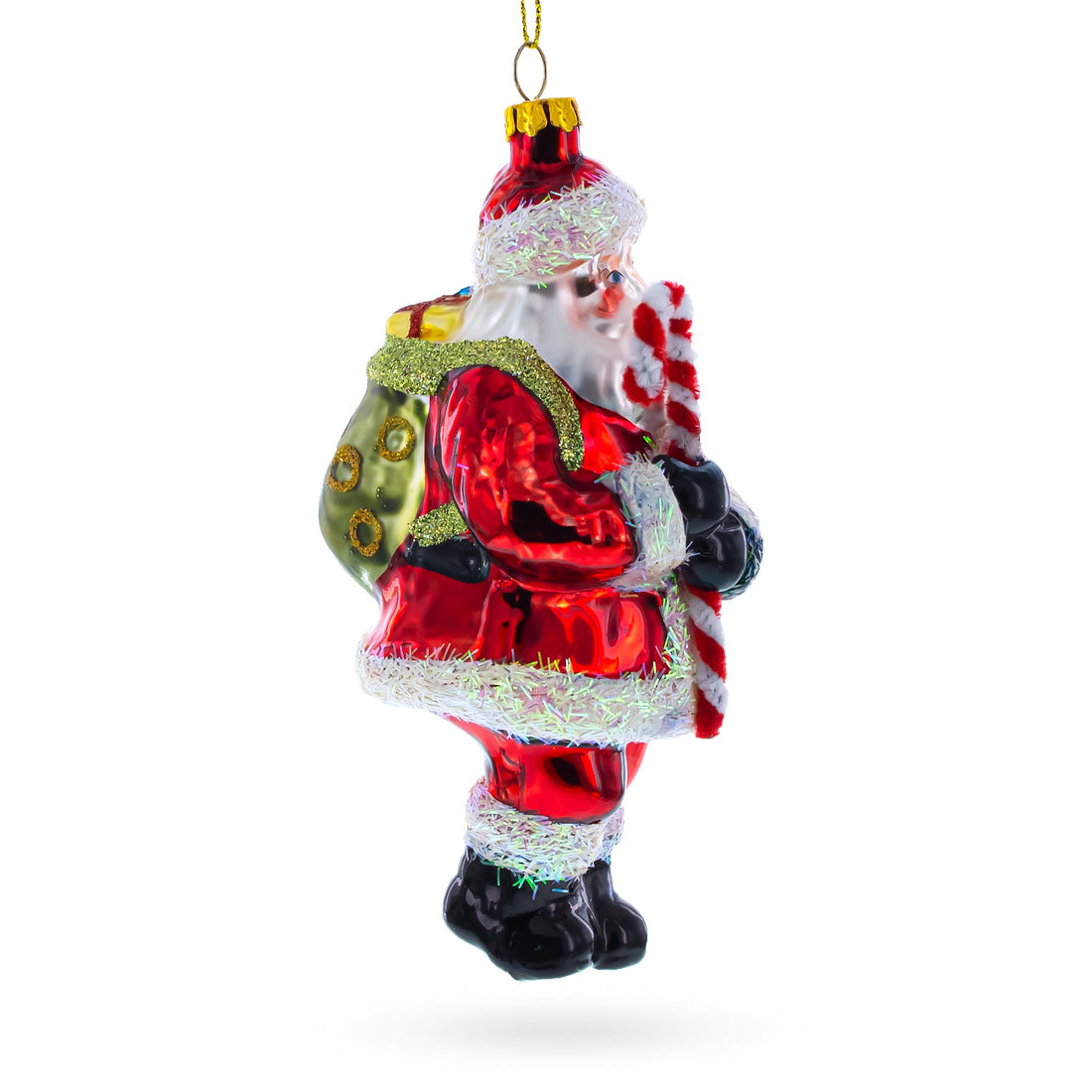 Classic Santa Holding a Candy Cane Glass Christmas Ornament
