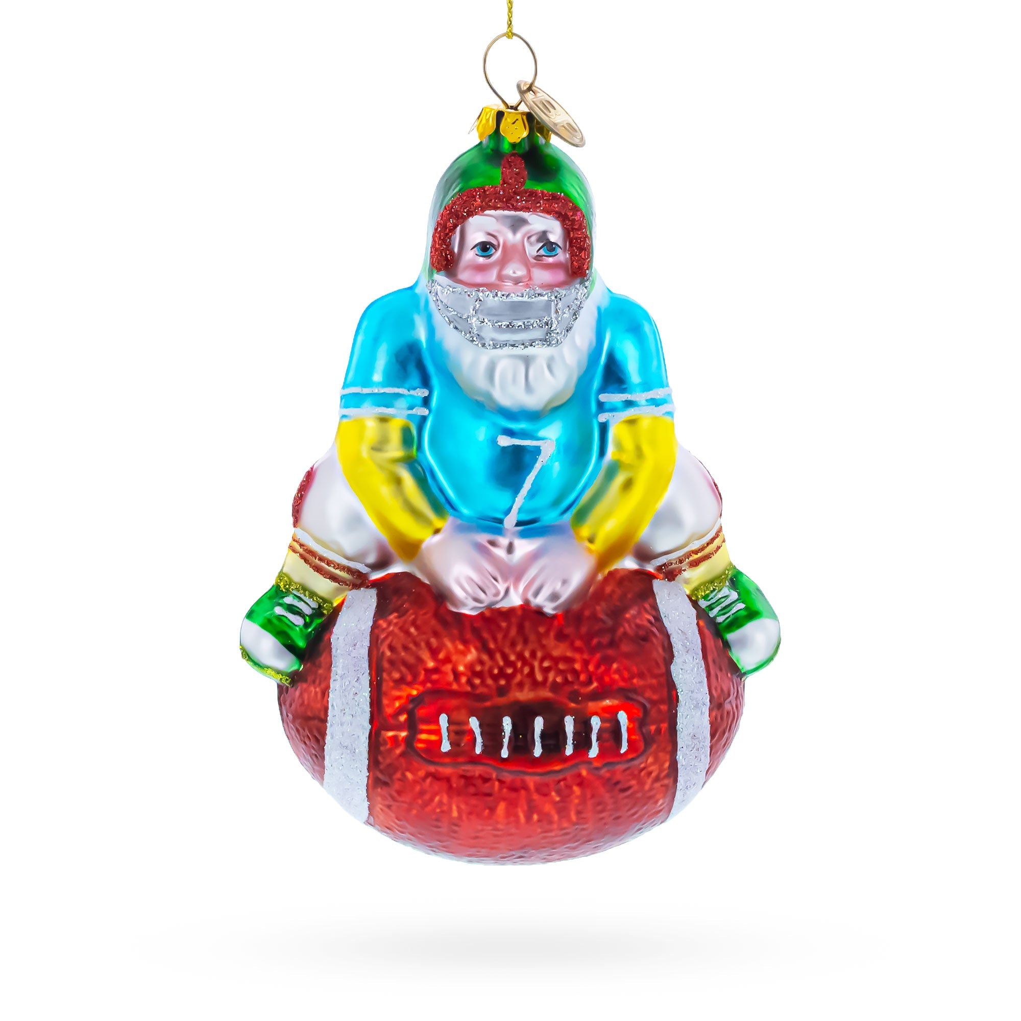 Football Santa the Quarterback Glass Christmas Ornament