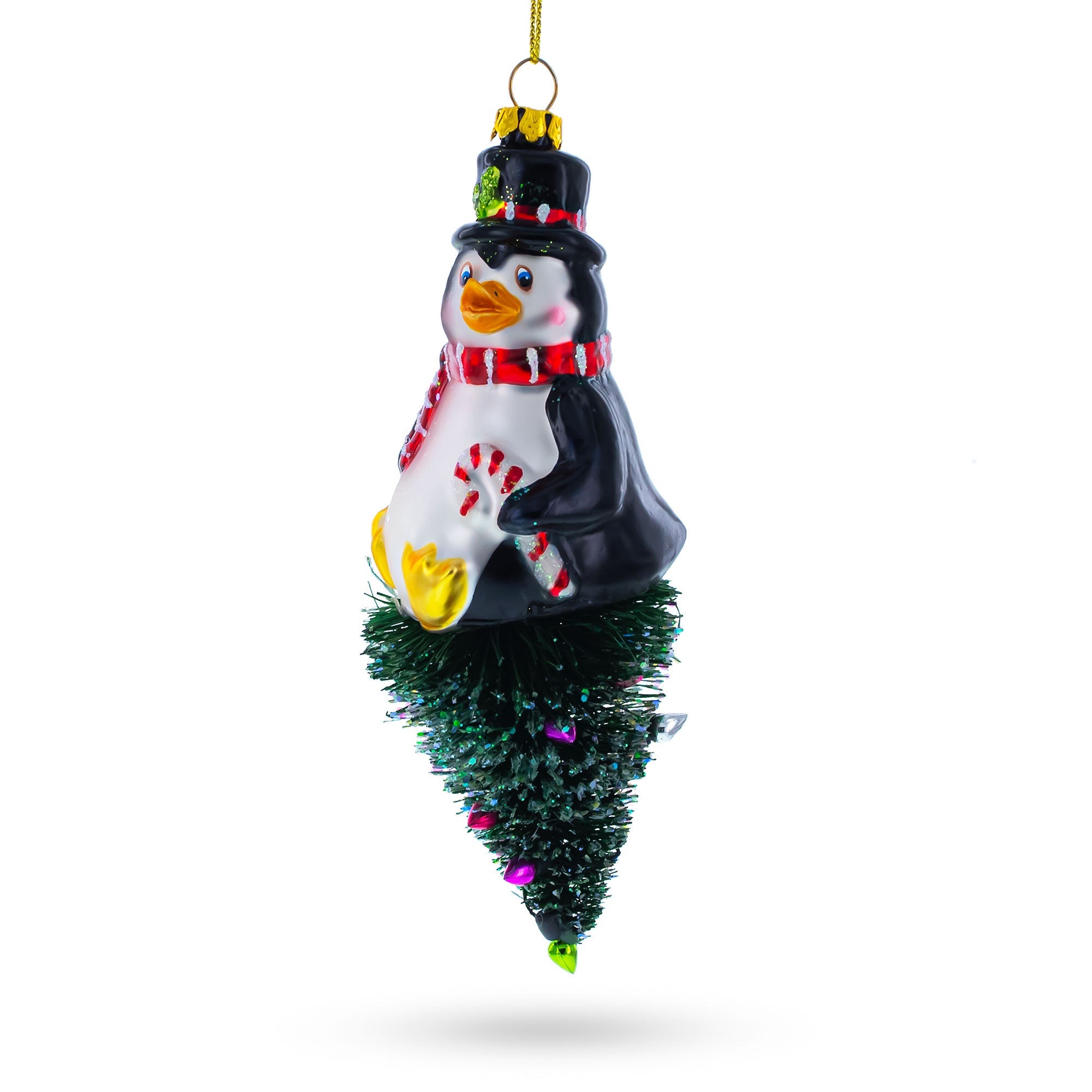 Penguin on Upside Down Tree Glass Christmas Ornament
