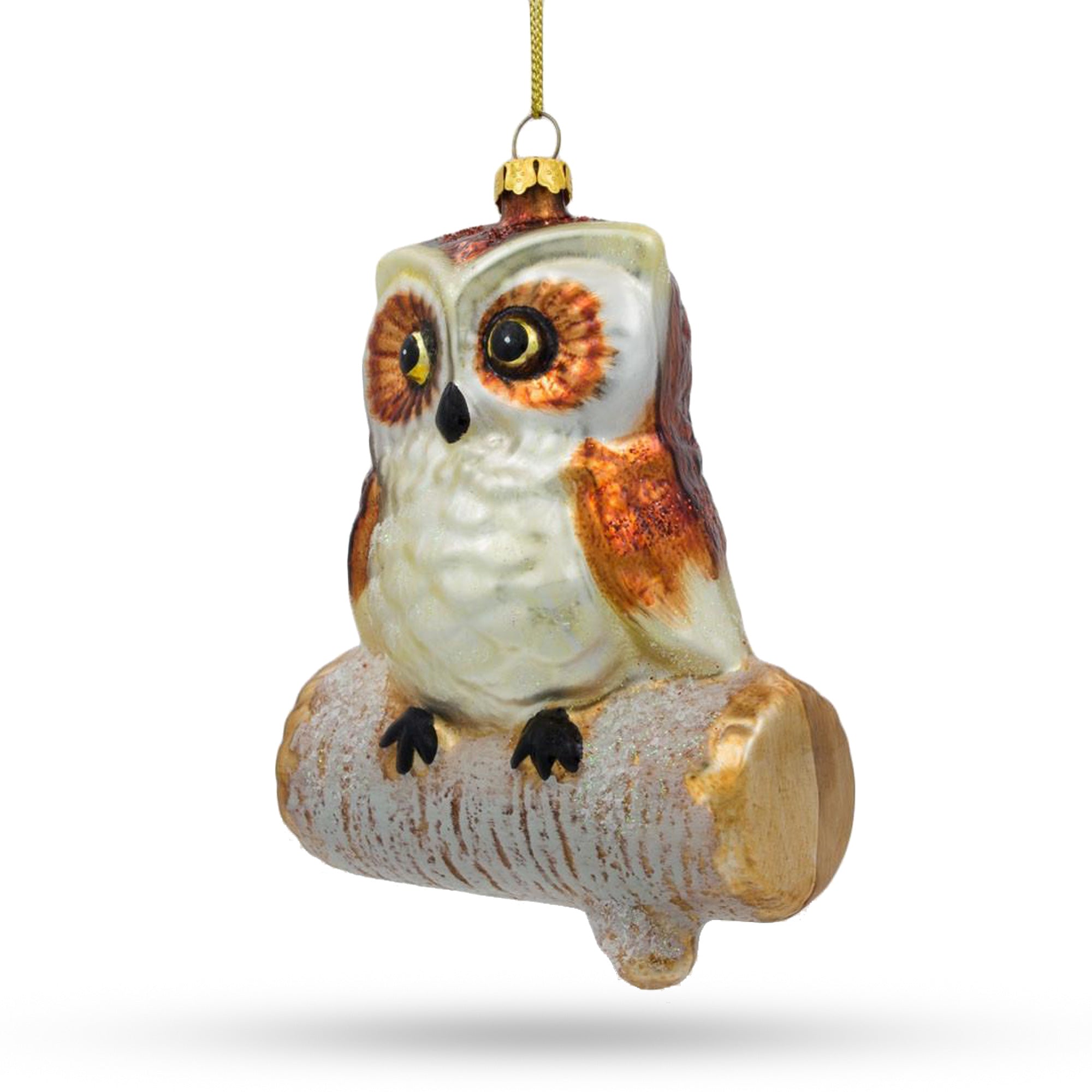 Wise Owl Sitting on a Branch Glass Christmas Ornament