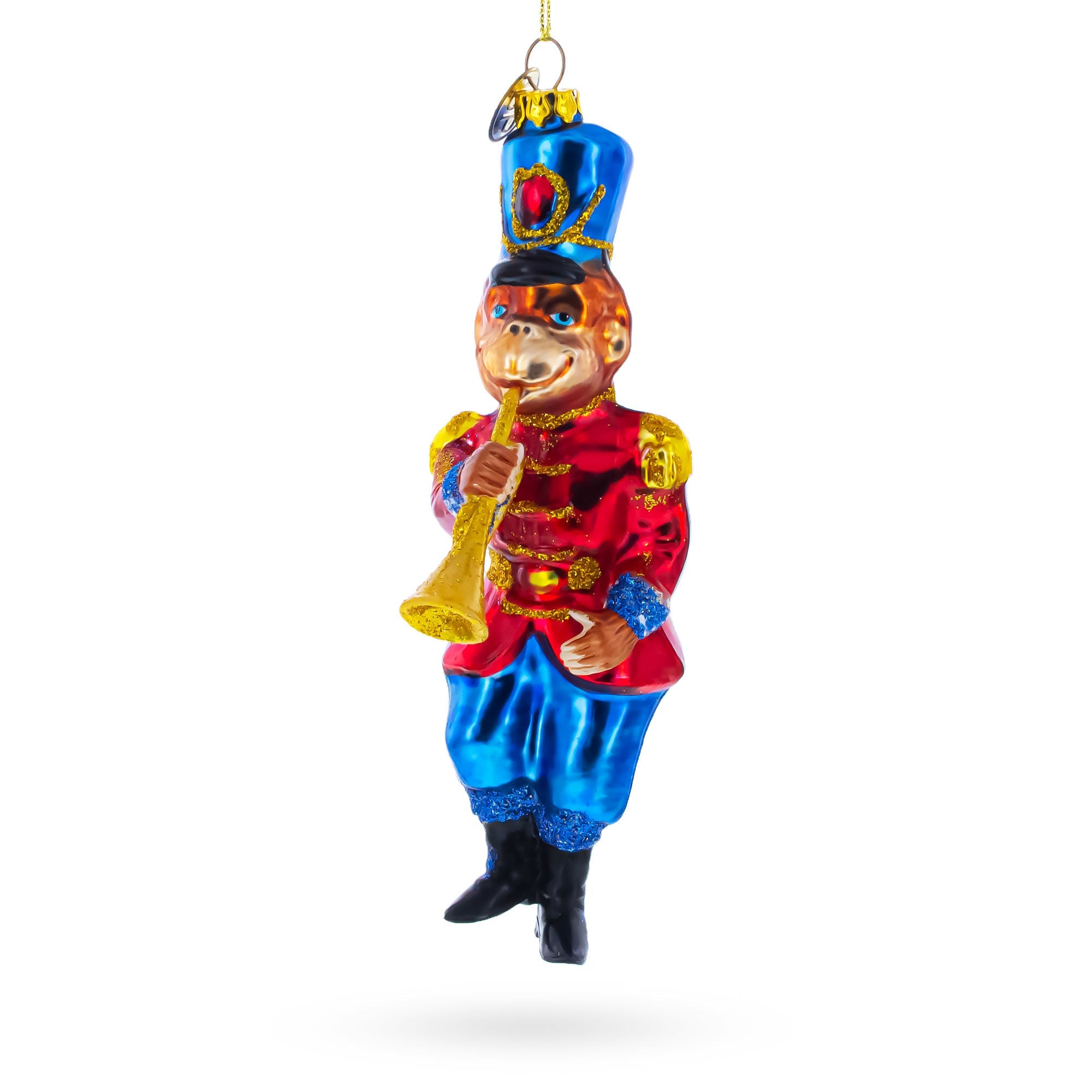 Monkey Nutcracker with Trumpet Glass Christmas Ornament
