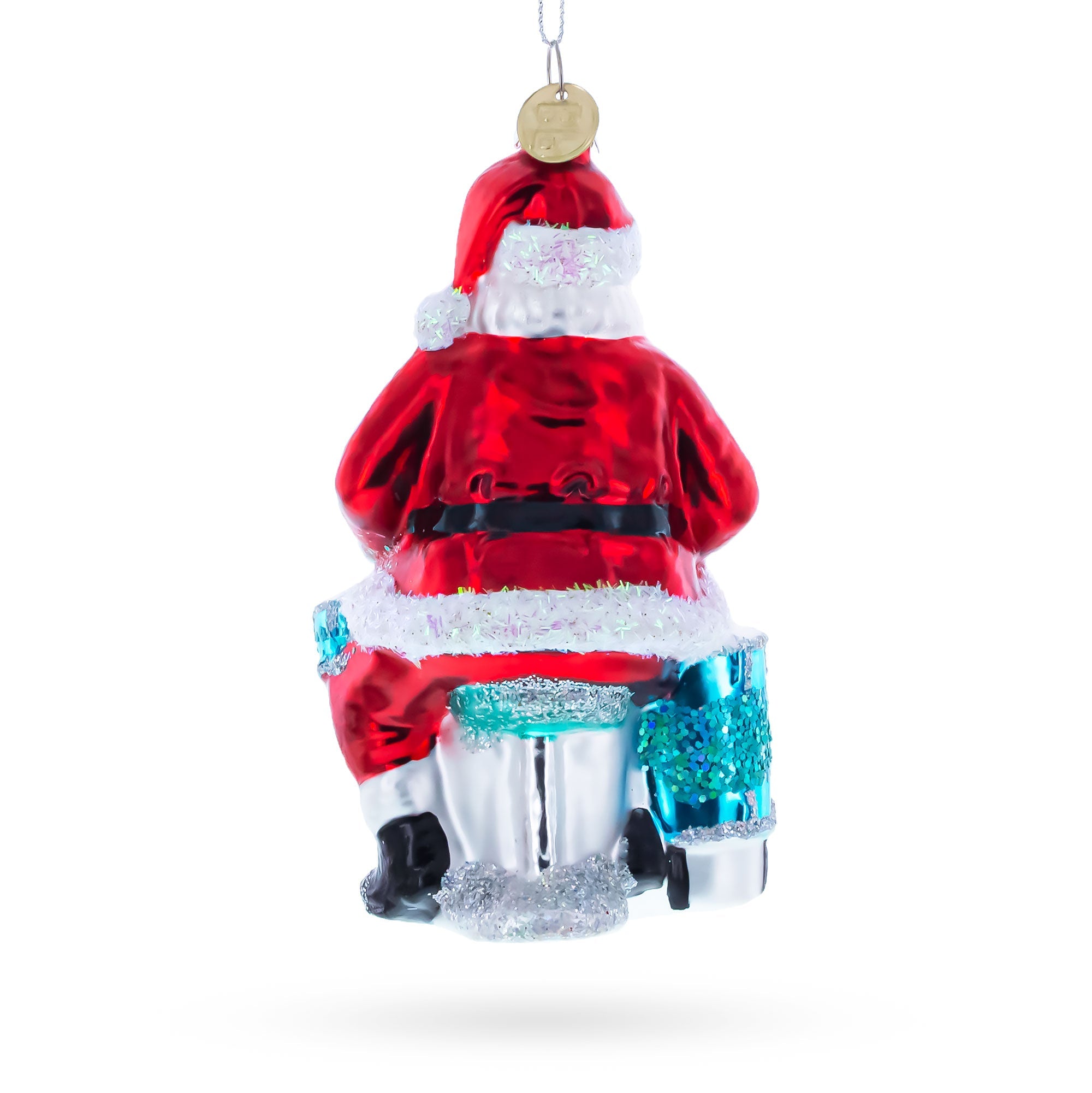 Santa Playing Drums Glass Christmas Ornament