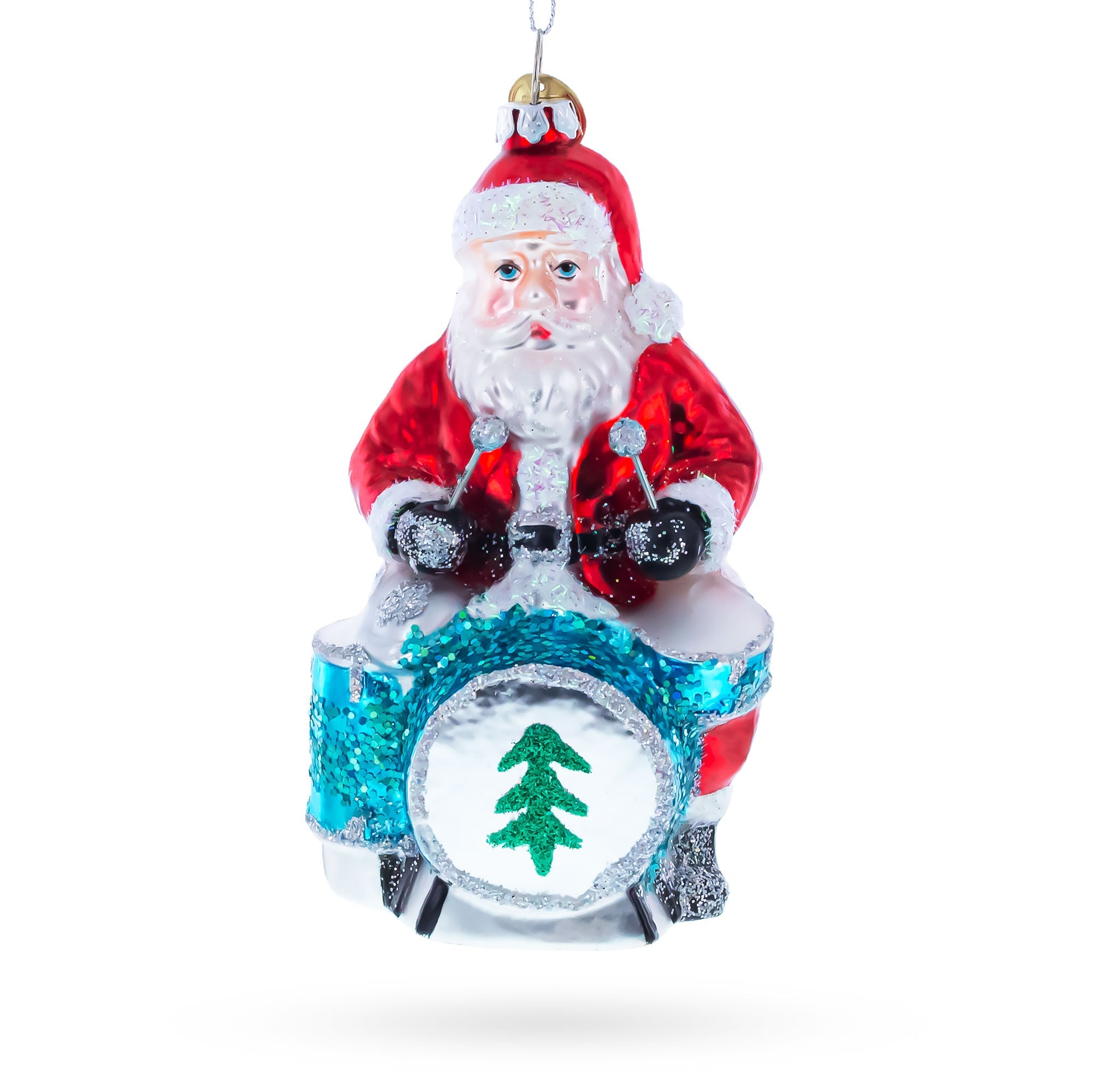 Santa Playing Drums Glass Christmas Ornament