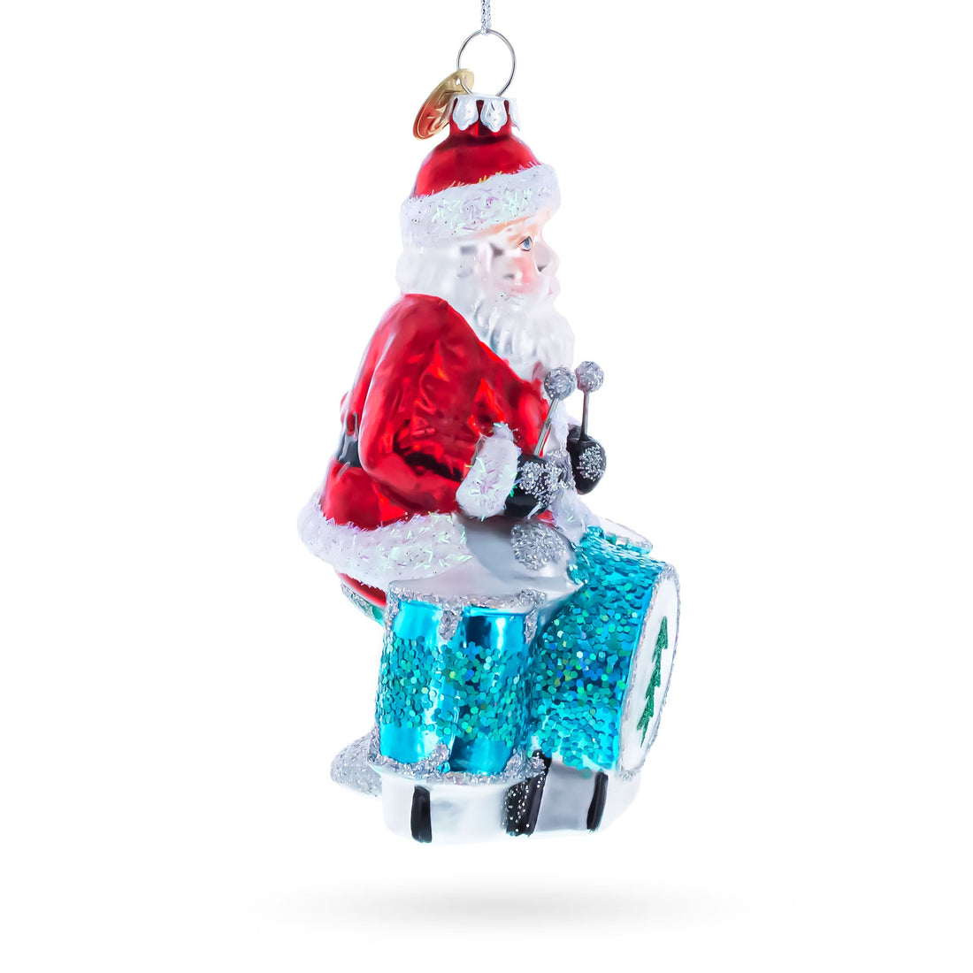 Santa Playing Drums Glass Christmas Ornament