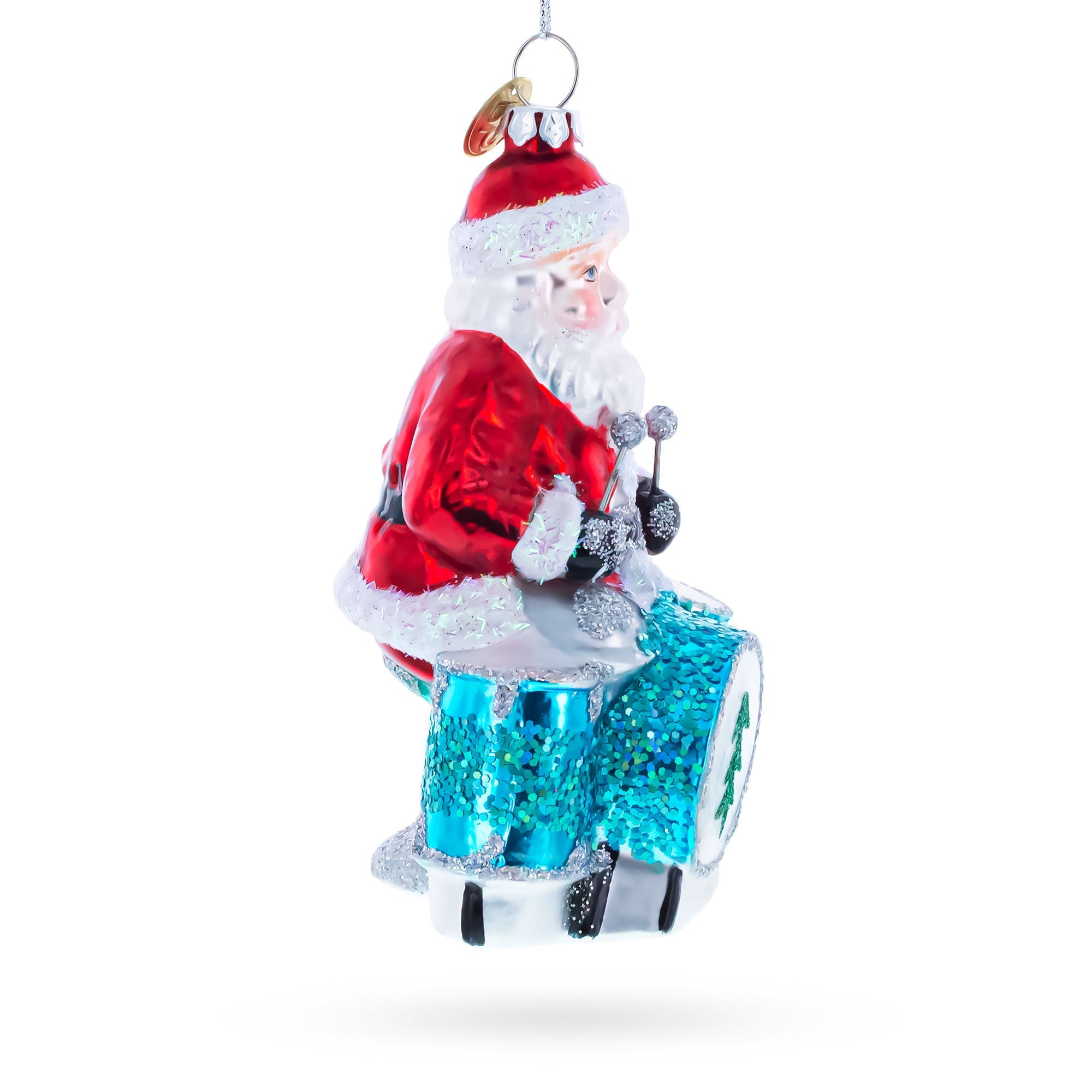 Santa Playing Drums Glass Christmas Ornament