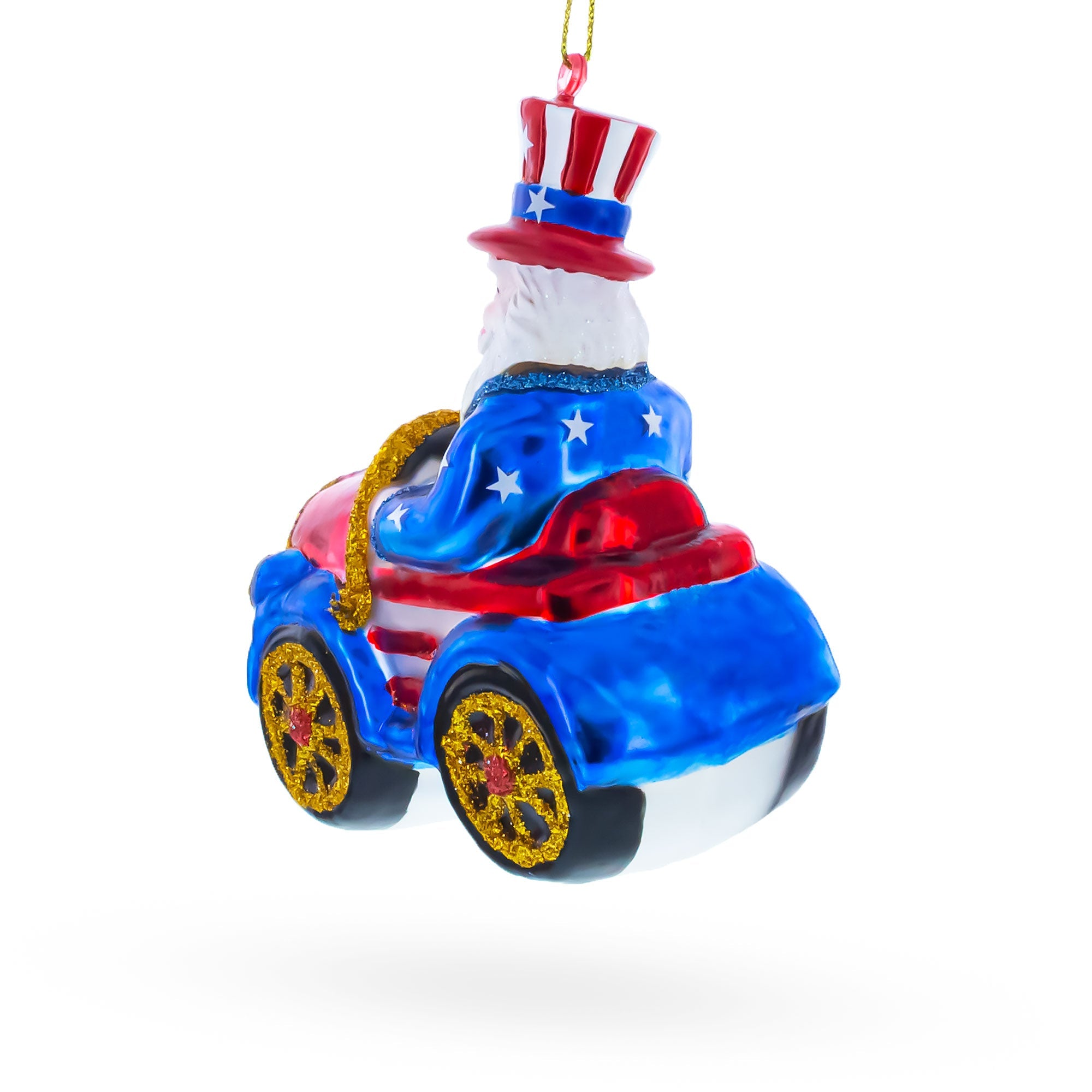 Uncle Sam Santa Driving a Car Glass Christmas Ornament