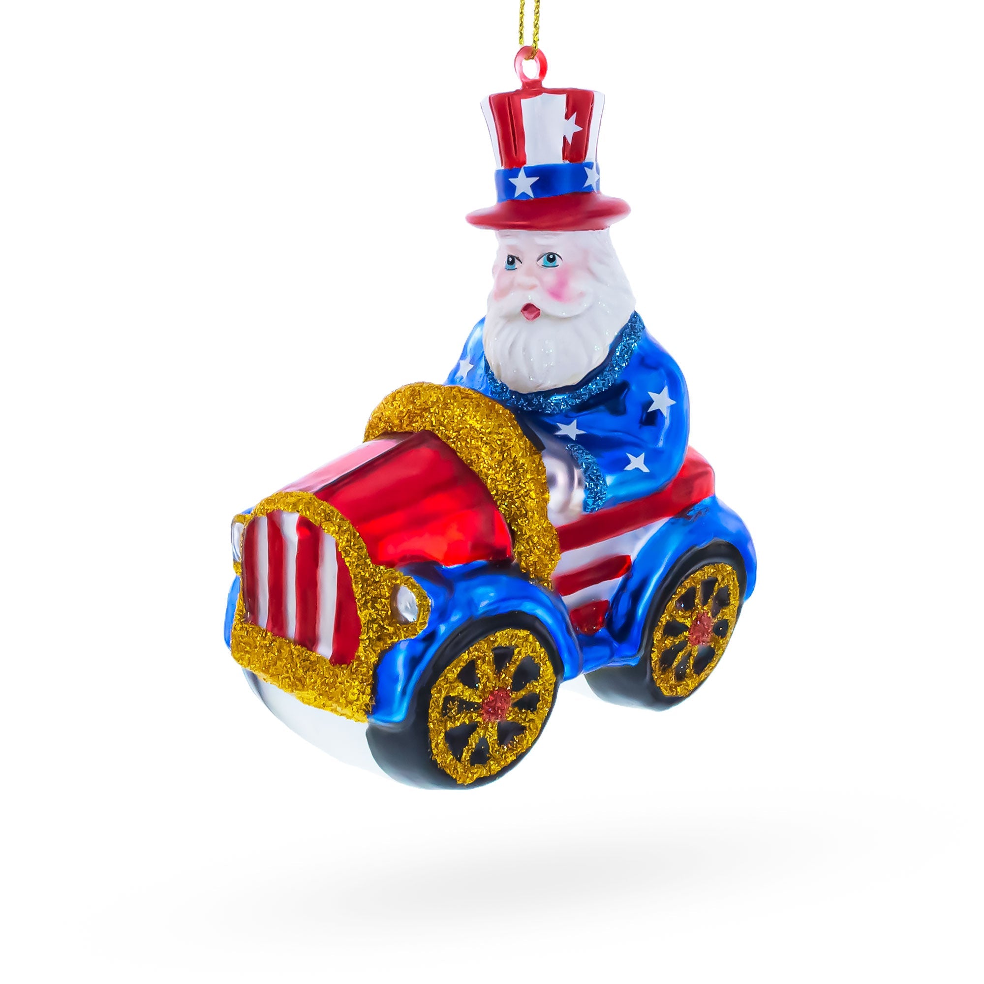 Uncle Sam Santa Driving a Car Glass Christmas Ornament