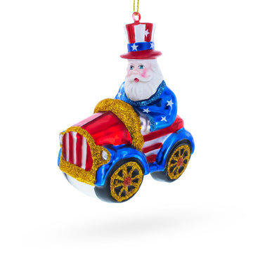 Uncle Sam Santa Driving a Car Glass Christmas Ornament