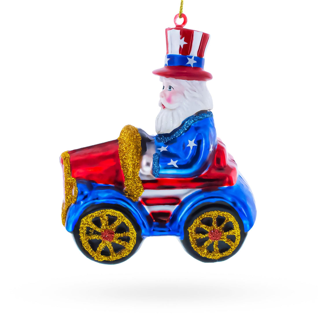 Uncle Sam Santa Driving a Car Glass Christmas Ornament