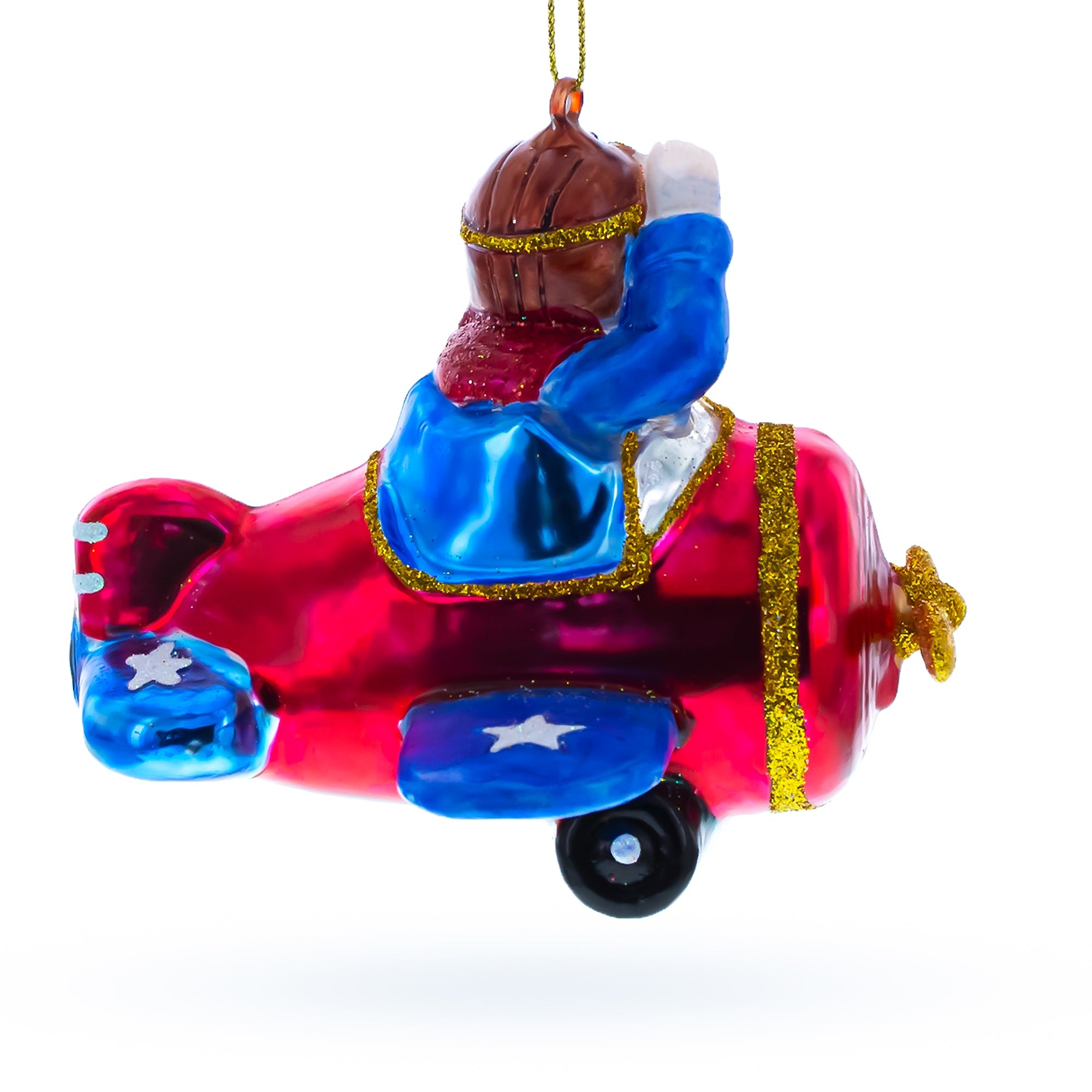 Pilot Santa in Airplane Glass Christmas Ornament