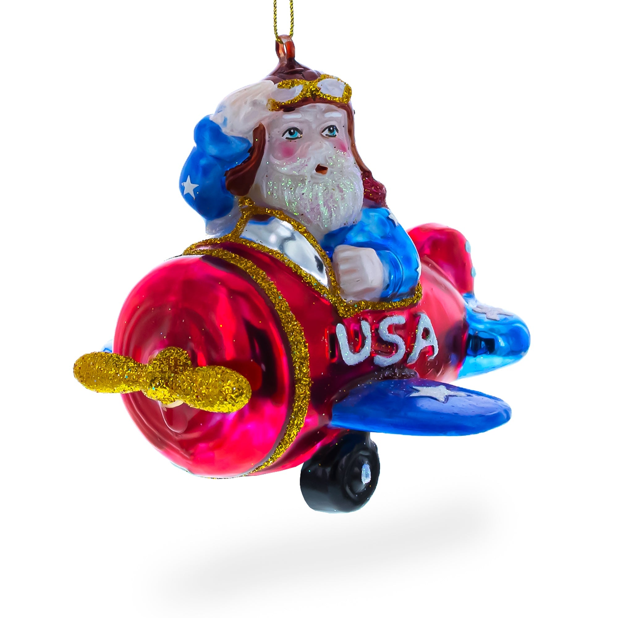 Pilot Santa in Airplane Glass Christmas Ornament