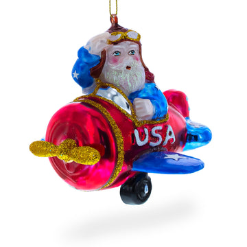 Pilot Santa in Airplane Glass Christmas Ornament
