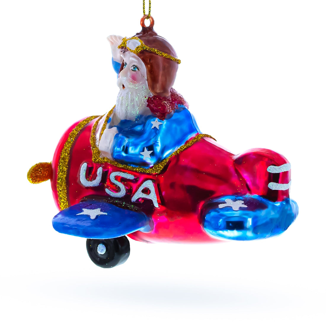 Pilot Santa in Airplane Glass Christmas Ornament
