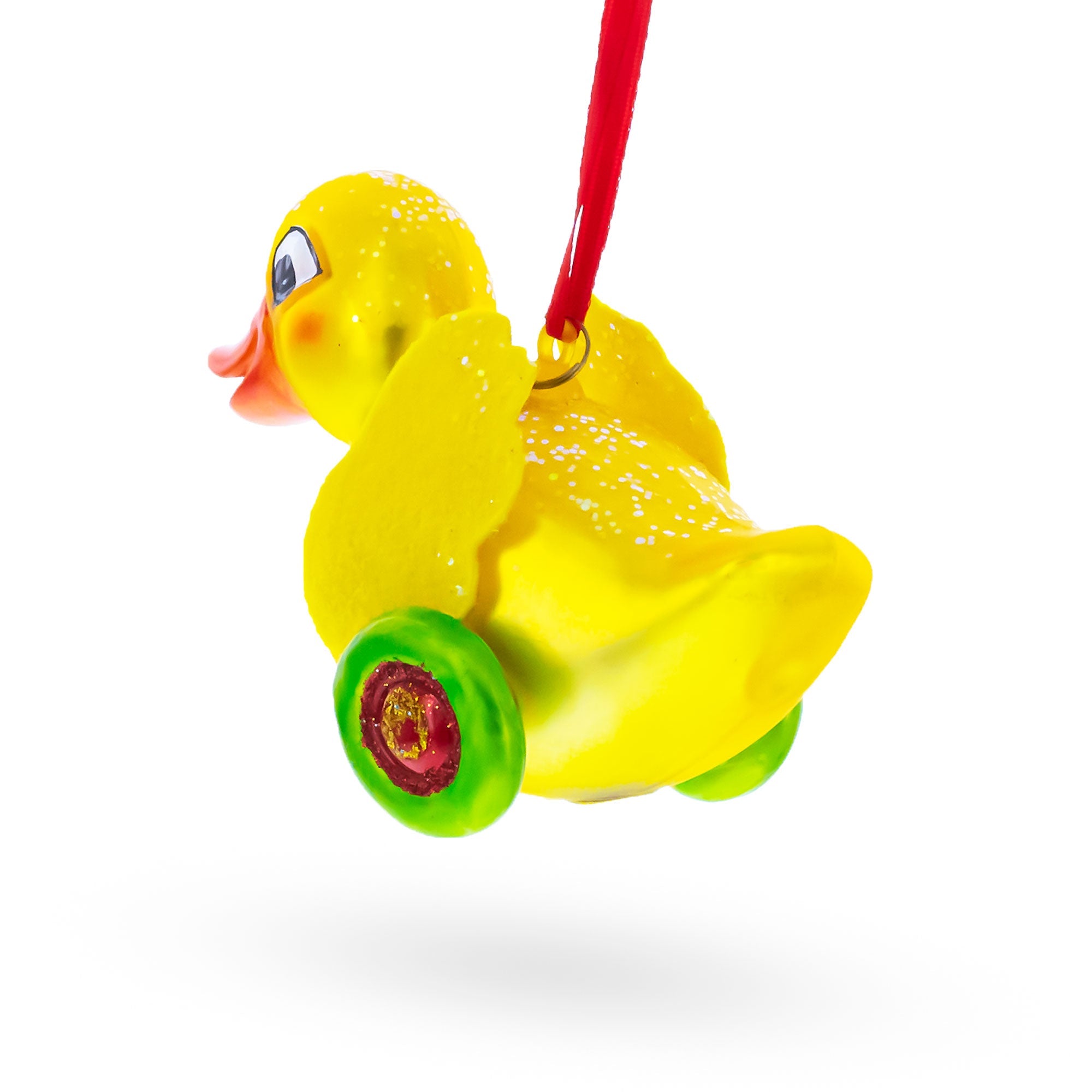 Yellow Duck Rolling on Wheels Glass Christmas Ornament