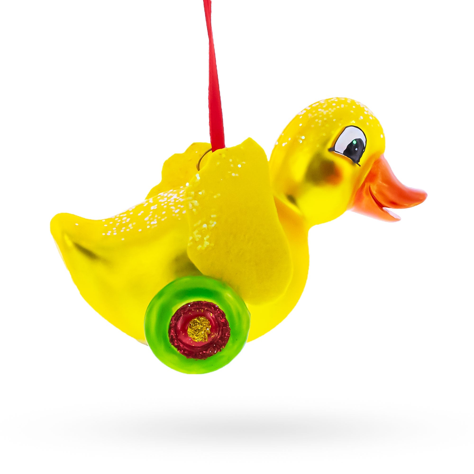 Yellow Duck Rolling on Wheels Glass Christmas Ornament