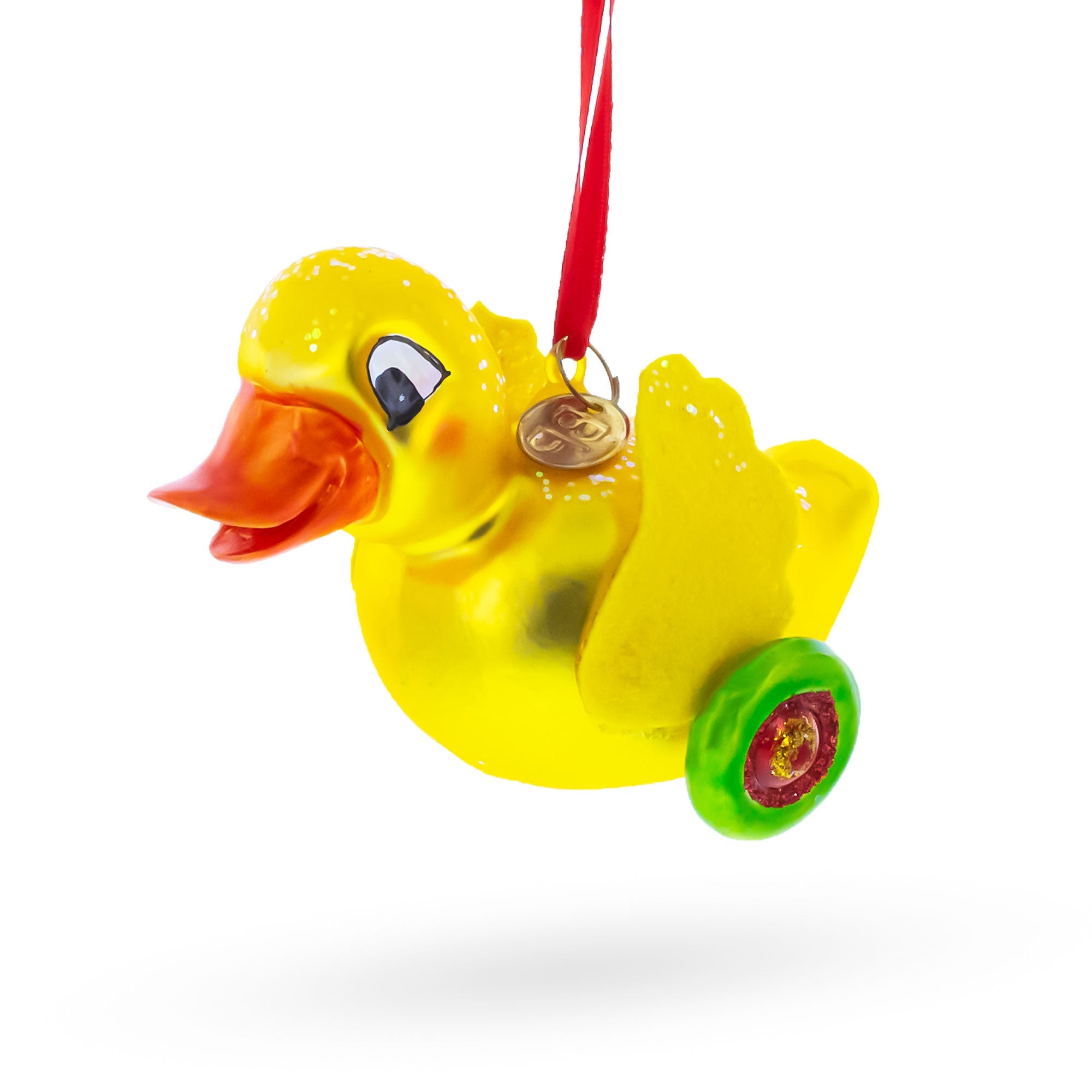 Yellow Duck Rolling on Wheels Glass Christmas Ornament
