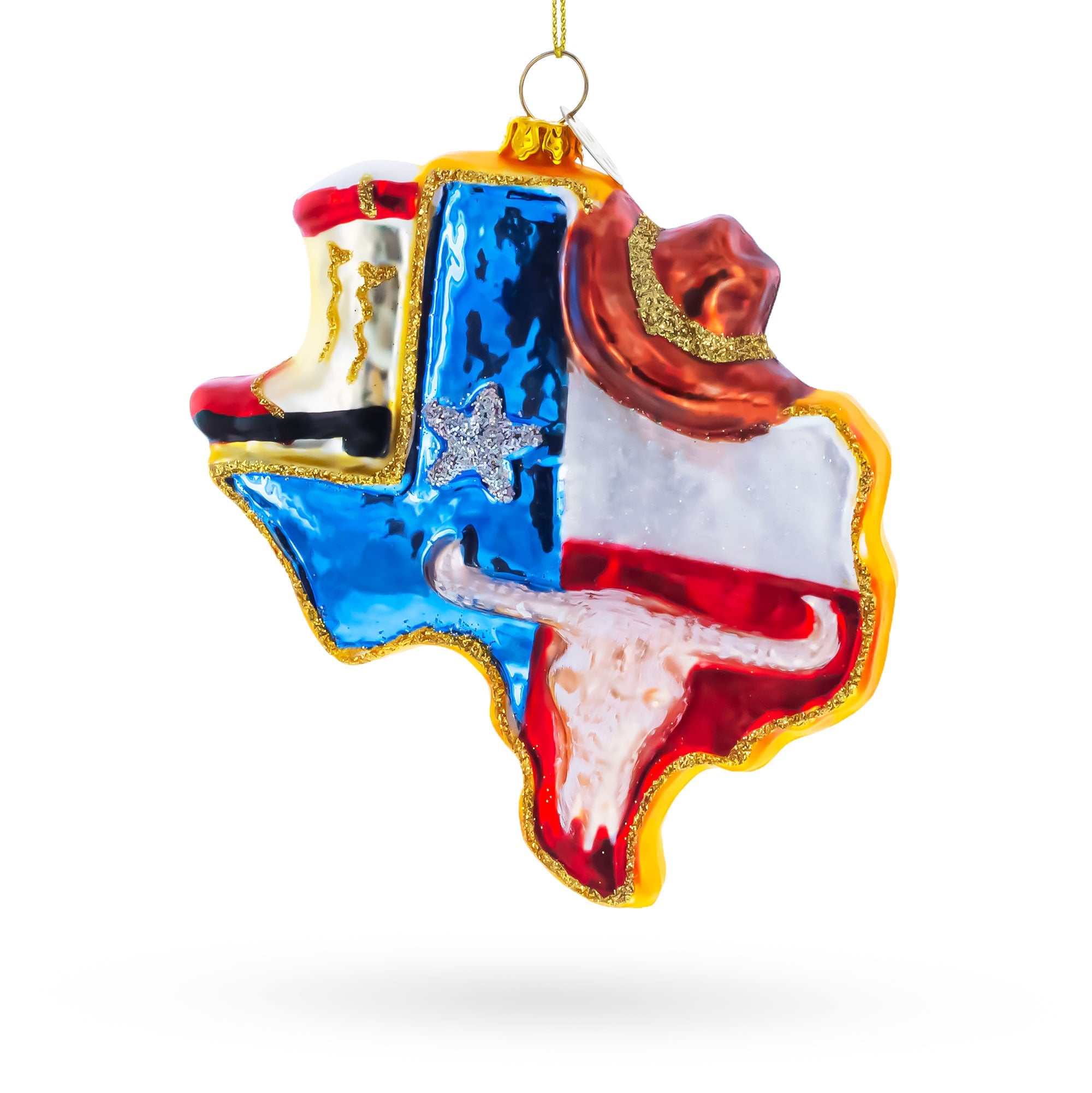 State of Texas Symbols, USA Glass Christmas Ornament