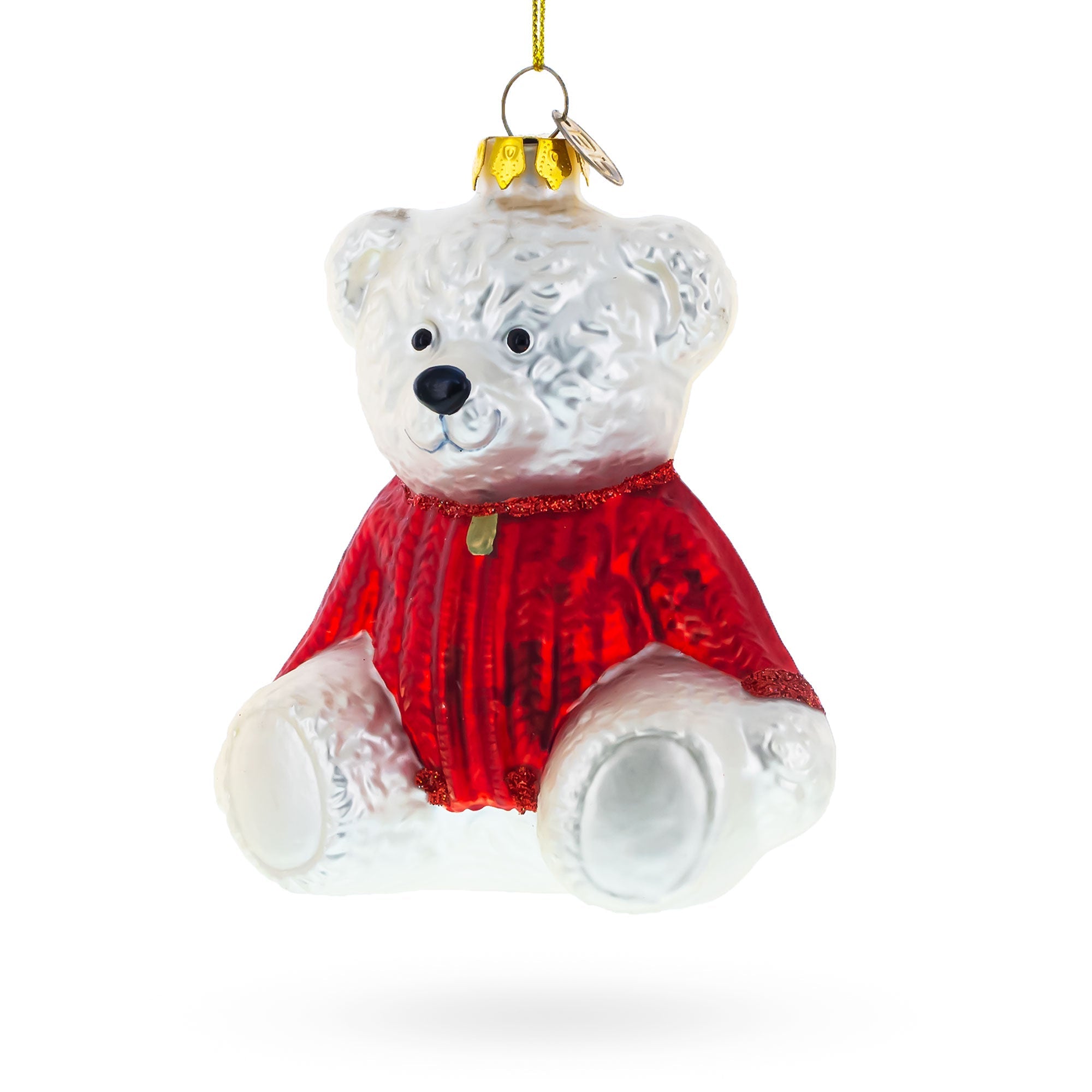 White Teddy Bear in Red Sweater Glass Christmas Ornament