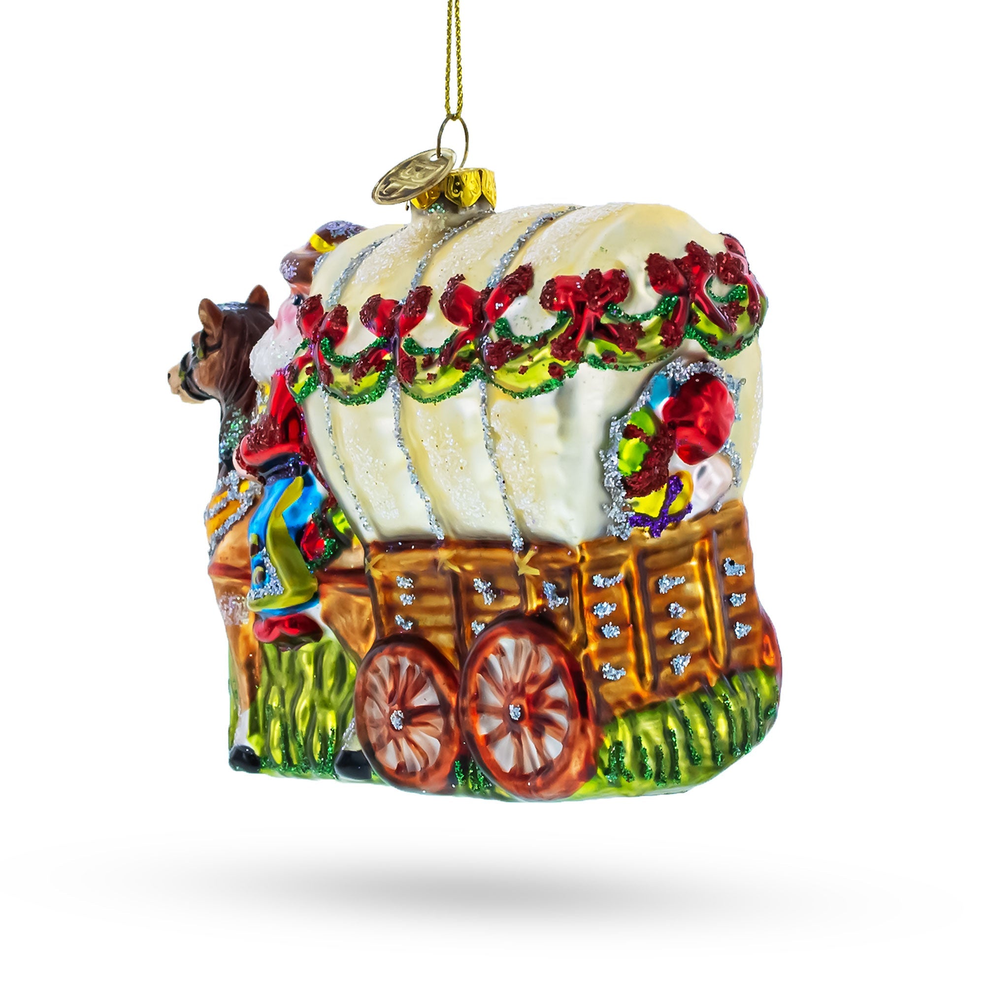 Western Santa with Holiday Wagon Glass Christmas Ornament