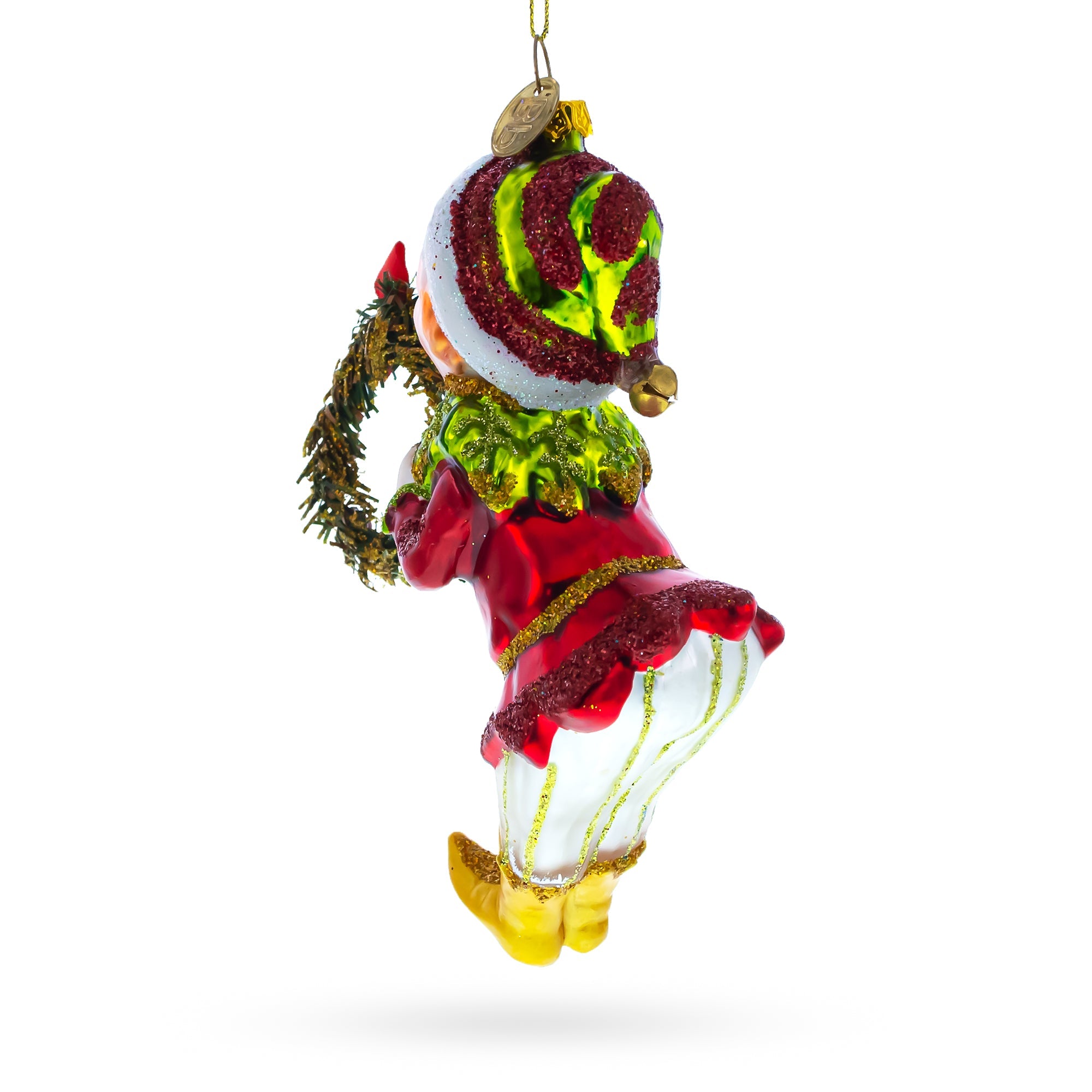 Merry Elf with Wreath Glass Christmas Ornament