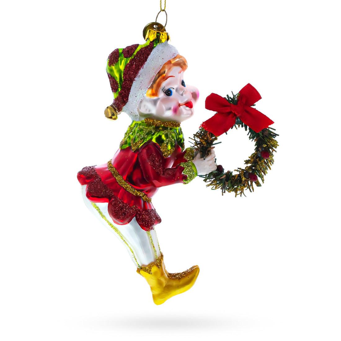 Merry Elf with Wreath Glass Christmas Ornament