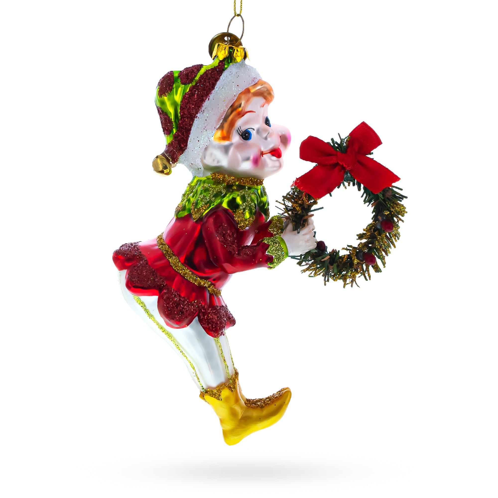 Merry Elf with Wreath Glass Christmas Ornament