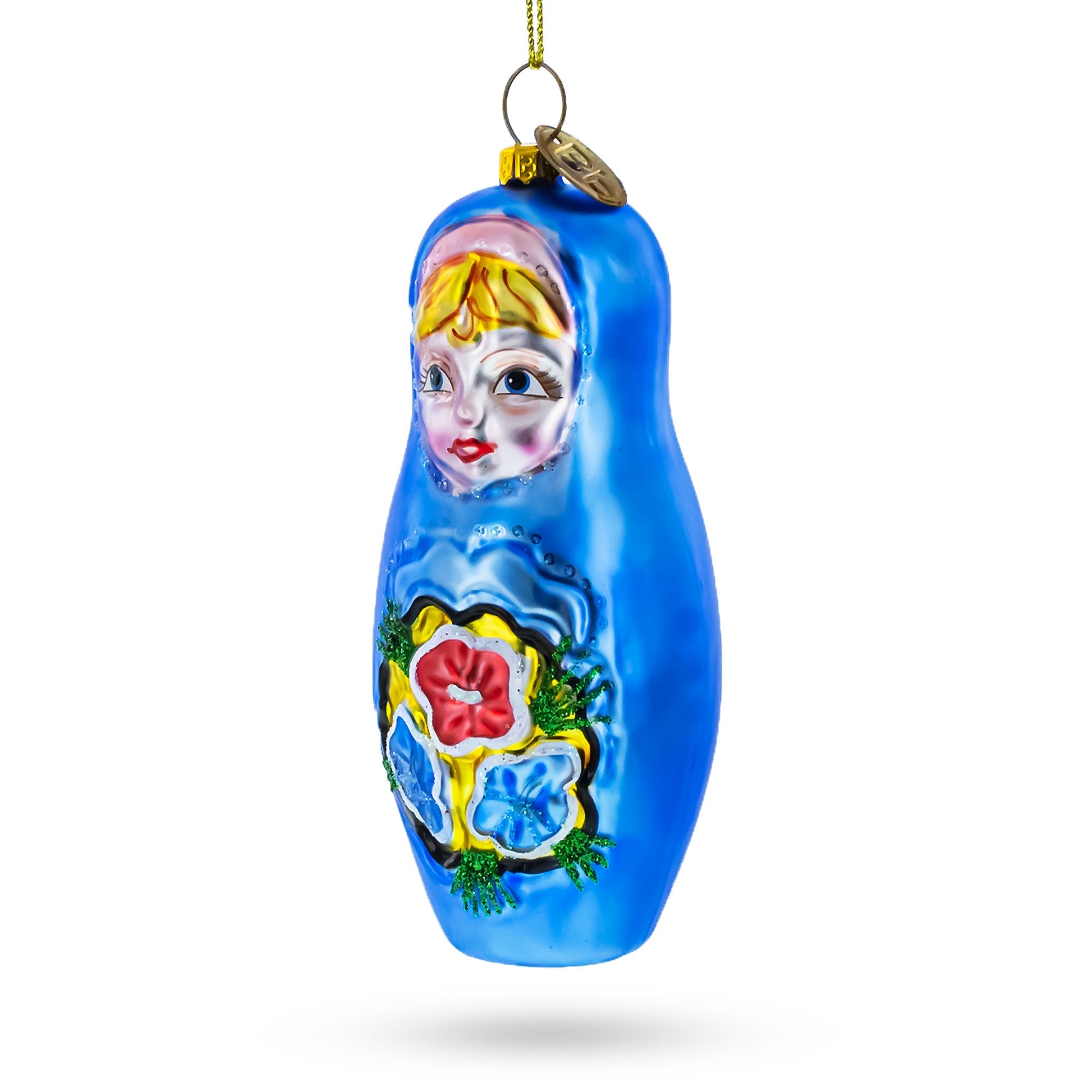 Blue Doll with Flower Glass Christmas Ornament