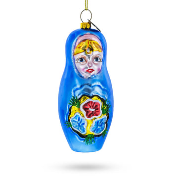 Blue Doll with Flower Glass Christmas Ornament