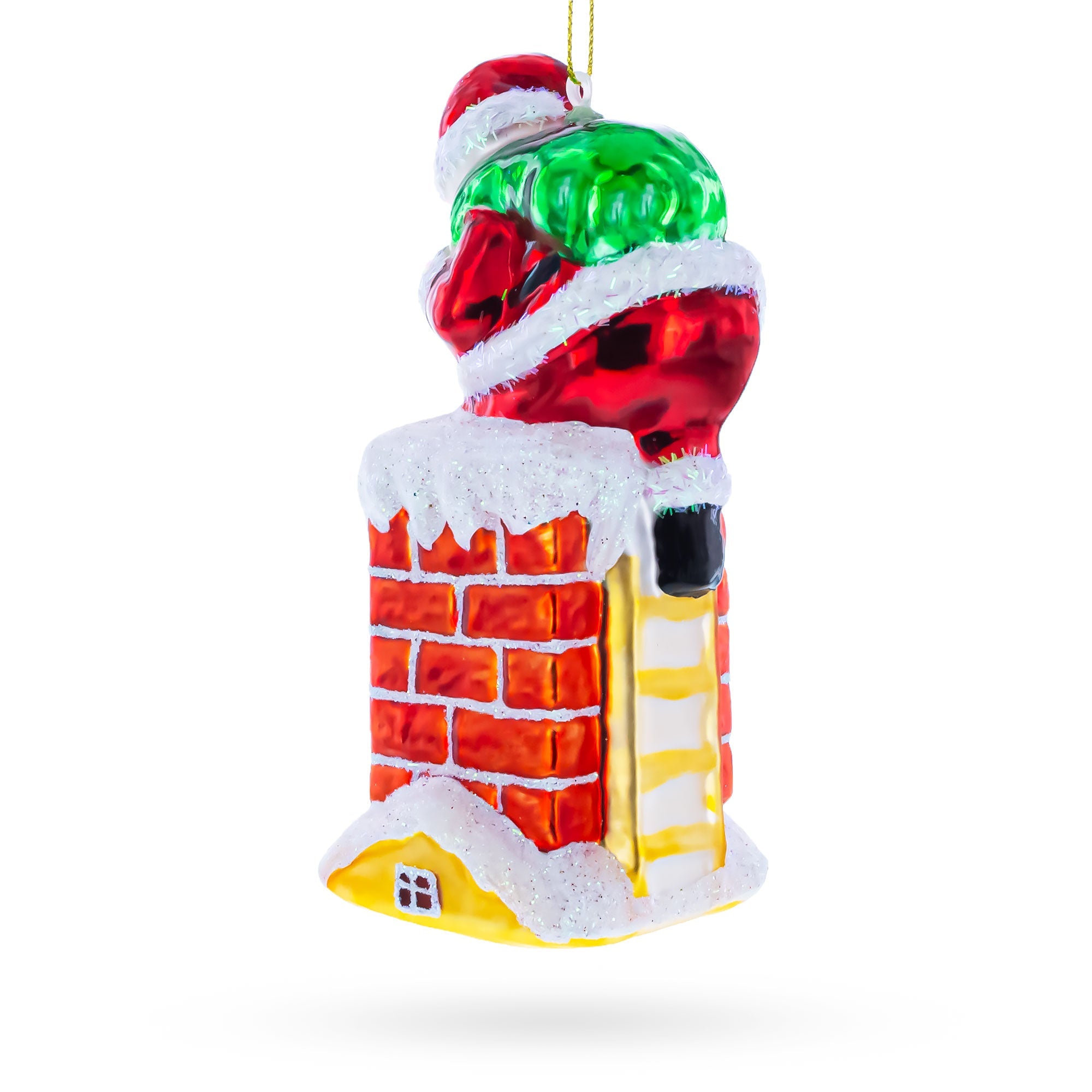 Santa Going Down the Chimney Glass Christmas Ornament