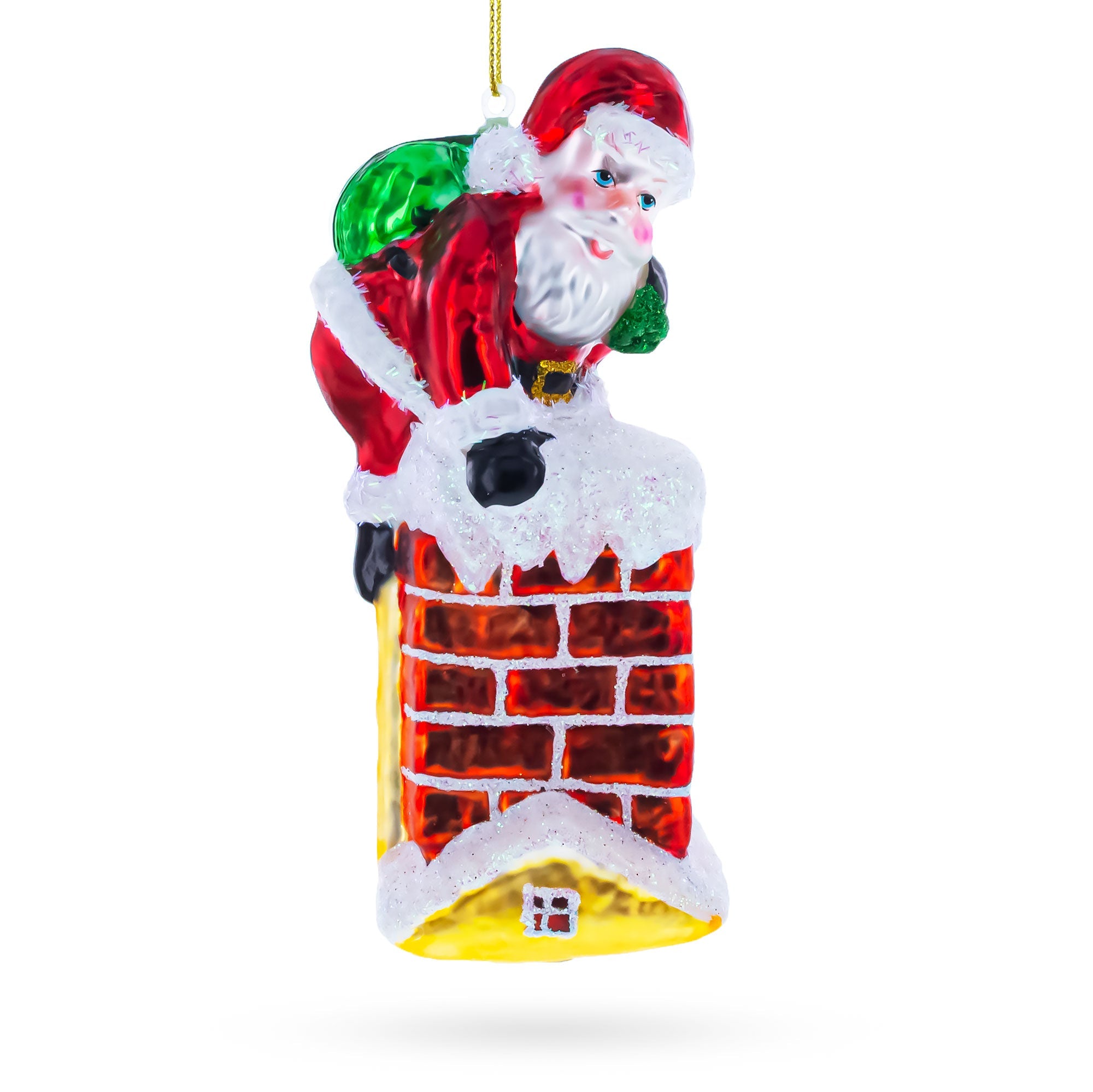 Santa Going Down the Chimney Glass Christmas Ornament