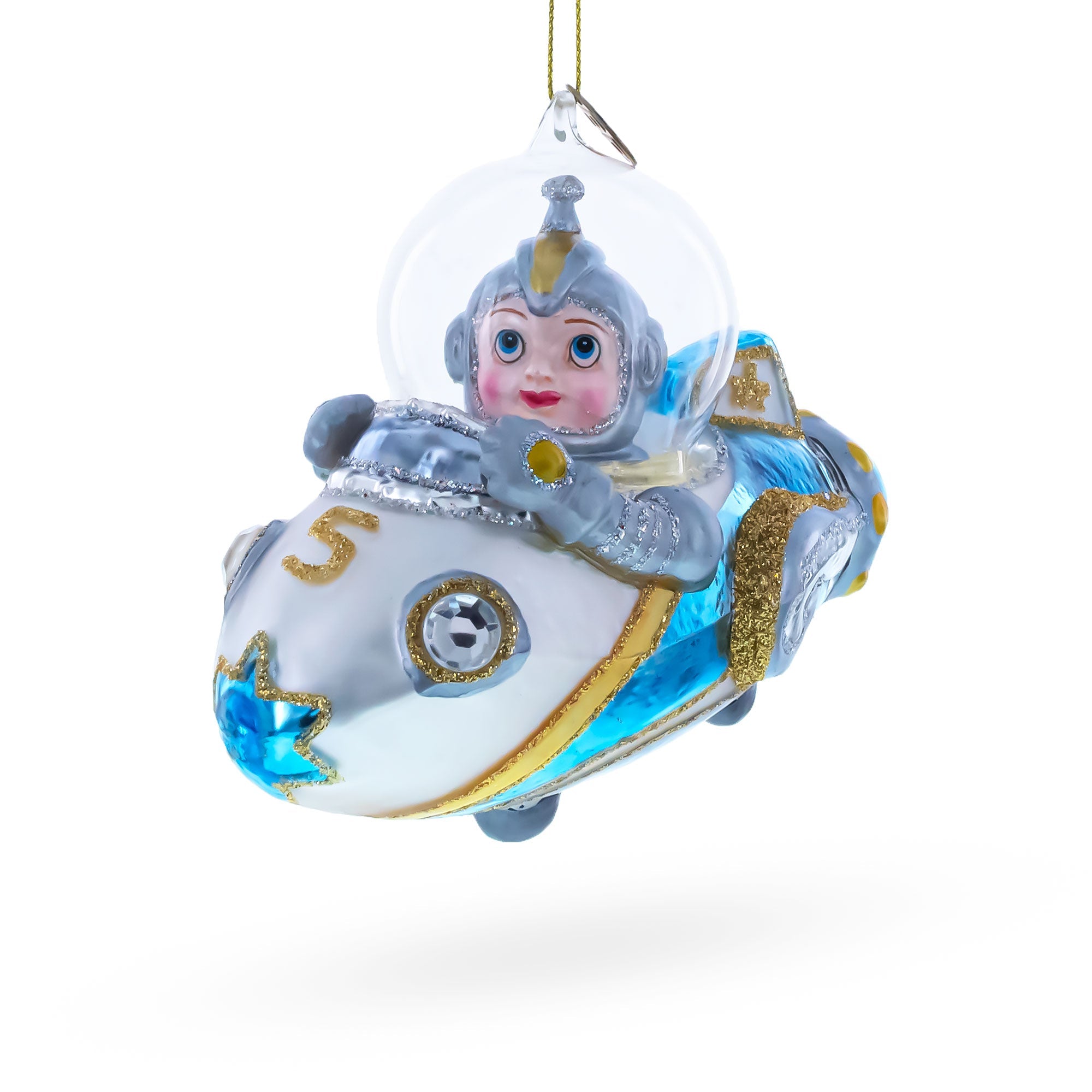 Astronaut Driving Spaceship Glass Christmas Ornament