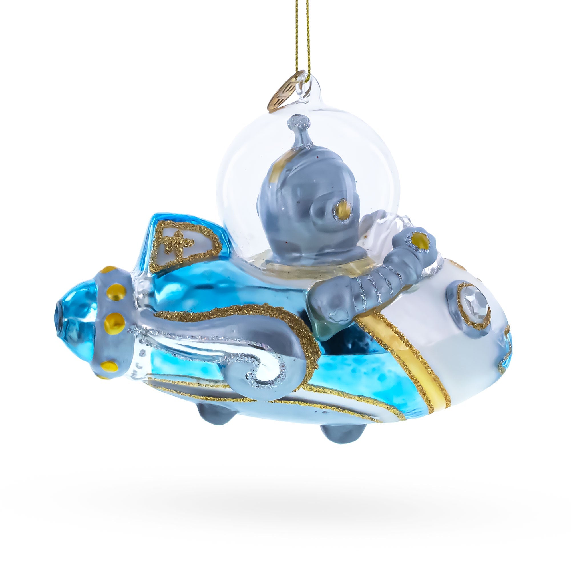 Astronaut Driving Spaceship Glass Christmas Ornament