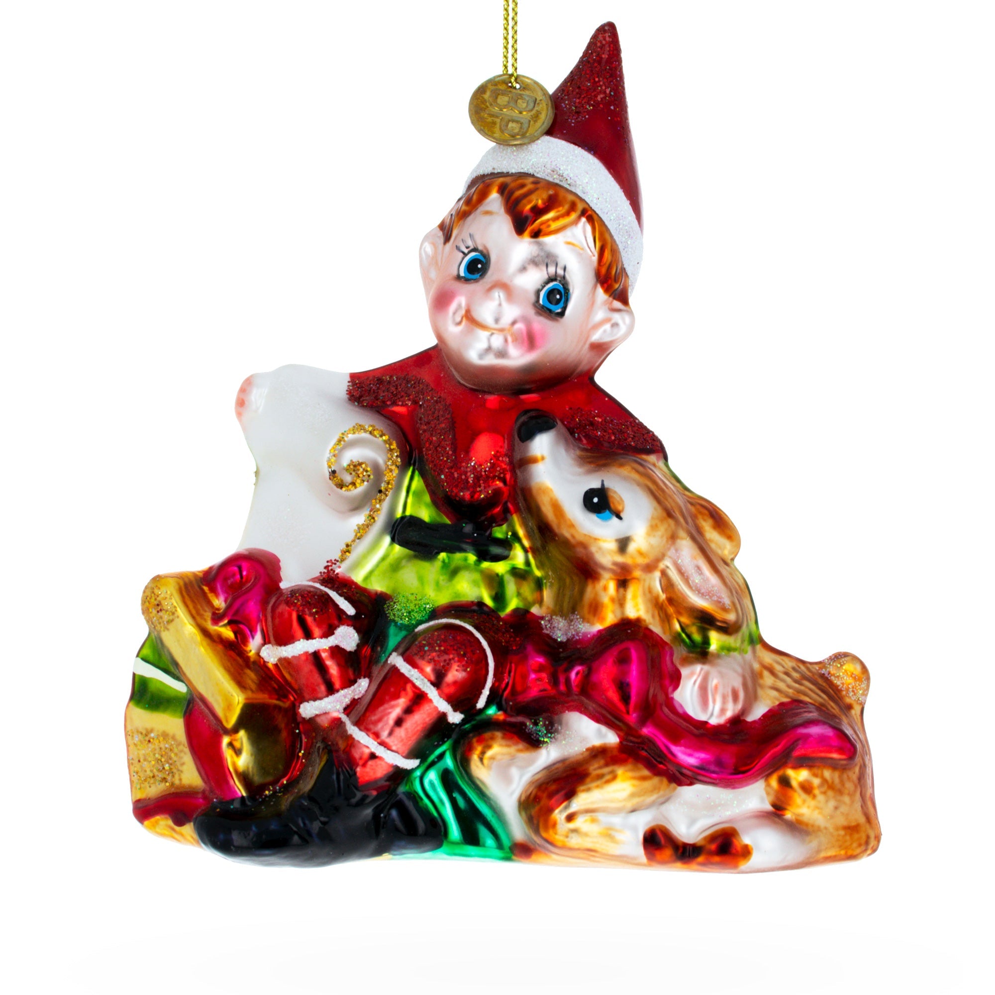 Elf and Deer Glass Christmas Ornament