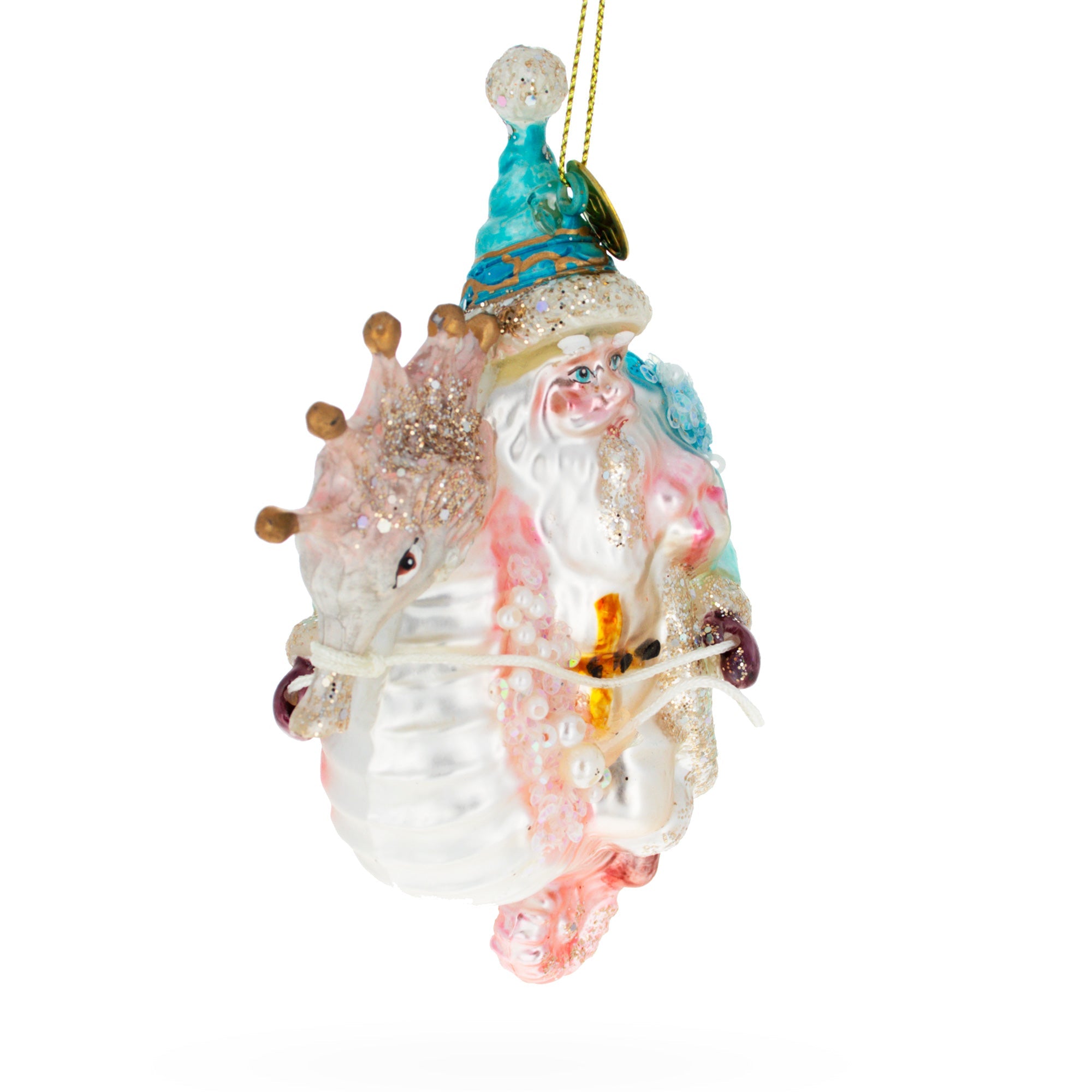 Santa Riding Seahorse Glass Christmas Ornament