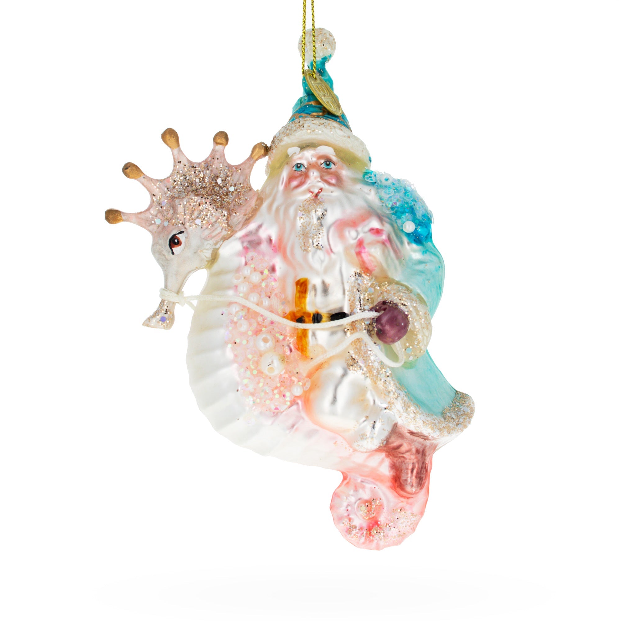 Santa Riding Seahorse Glass Christmas Ornament