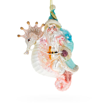 Santa Riding Seahorse Glass Christmas Ornament