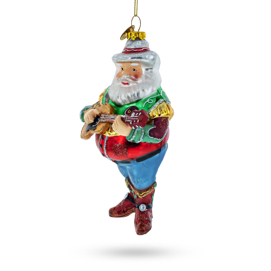 Western Santa with Guitar Glass Christmas Ornament