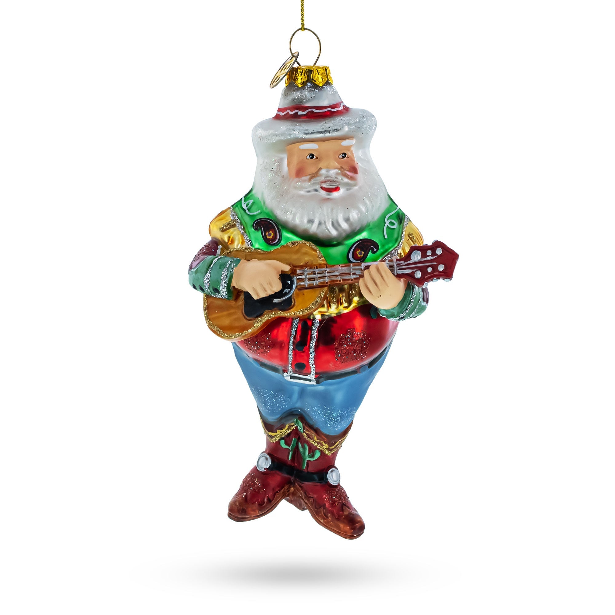 Western Santa with Guitar Glass Christmas Ornament