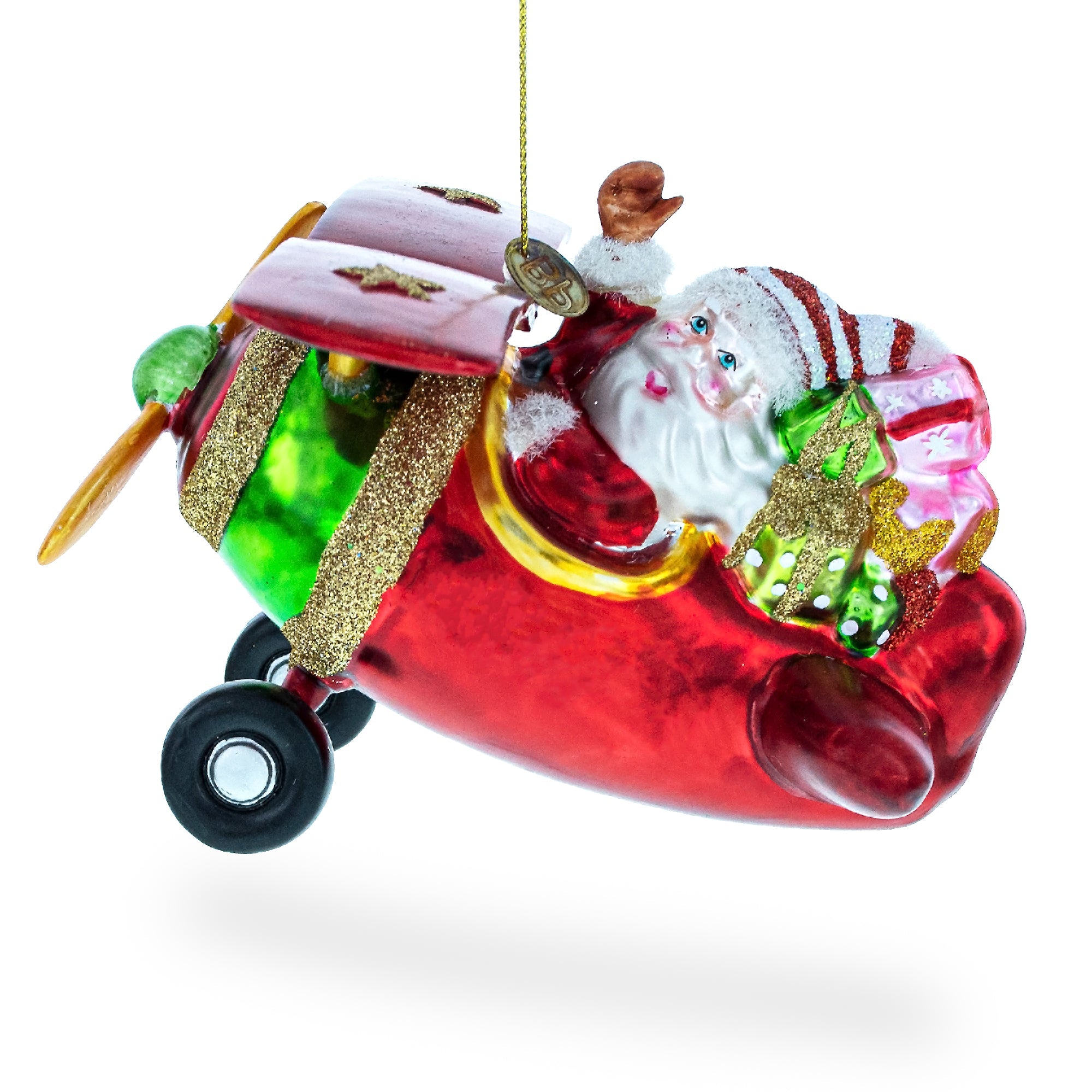Santa Flying Airplane with Gifts Glass Christmas Ornament