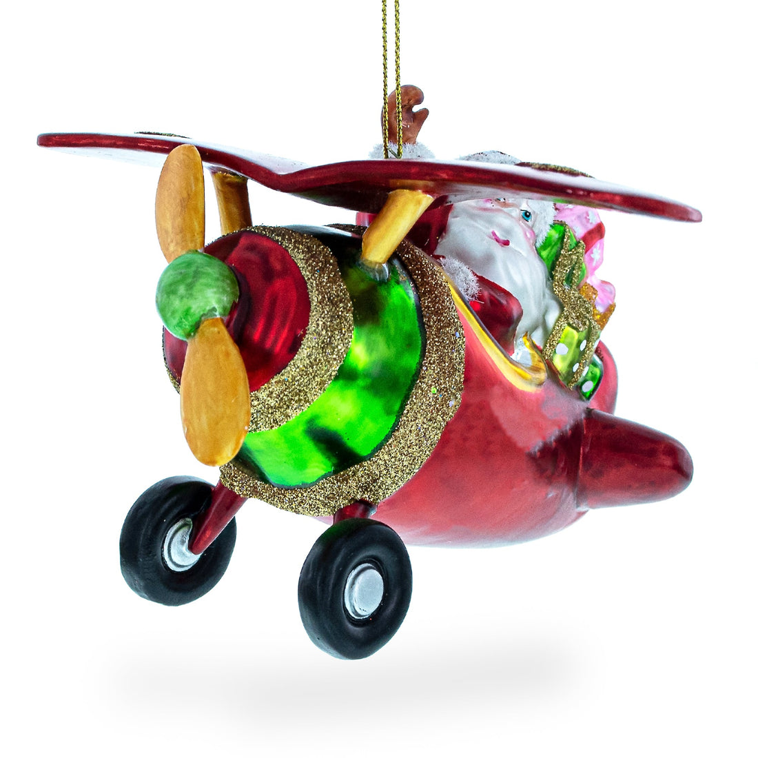 Santa Flying Airplane with Gifts Glass Christmas Ornament